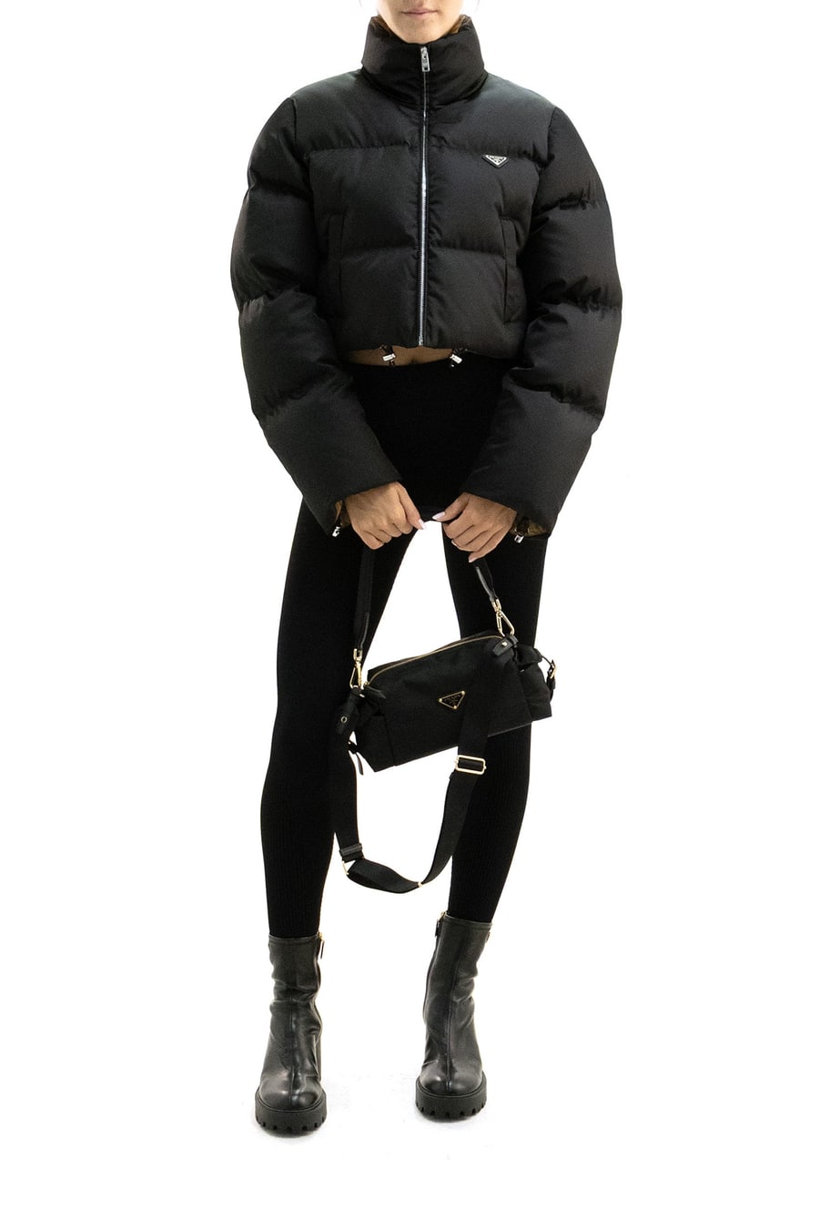 Prada Piumino cropped in Re-Nylon di colore nero, view 2