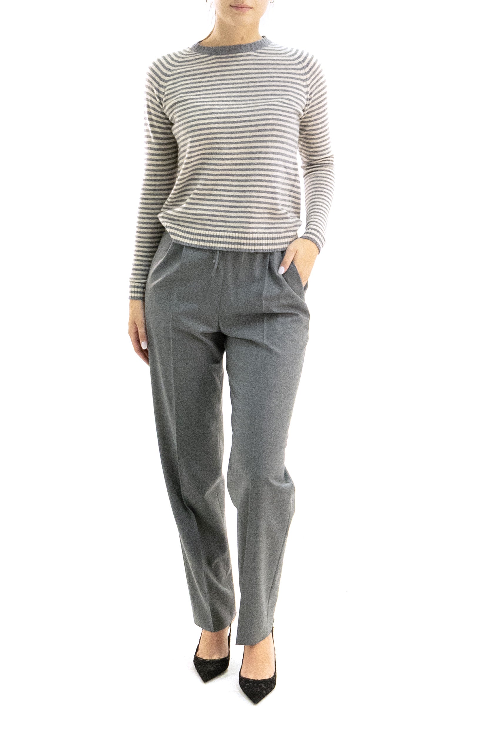 BASE Pullover in lana e cashmere a righe di colore beige e grigio, view 2