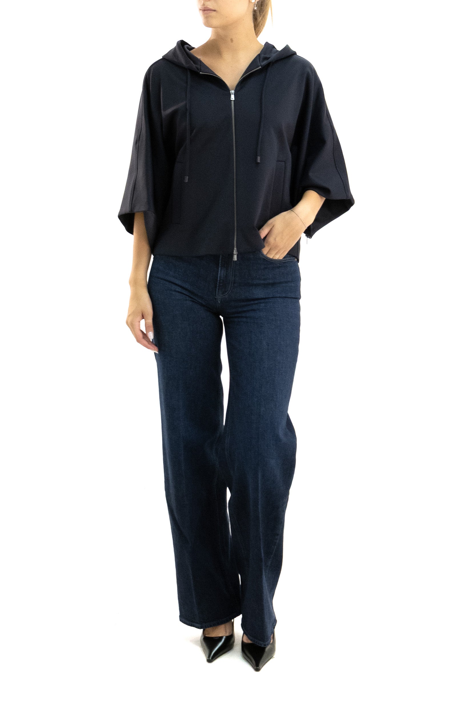 Max Mara Felpa con cappuccio in jersey tecnico di cotone di colore blu, view 2