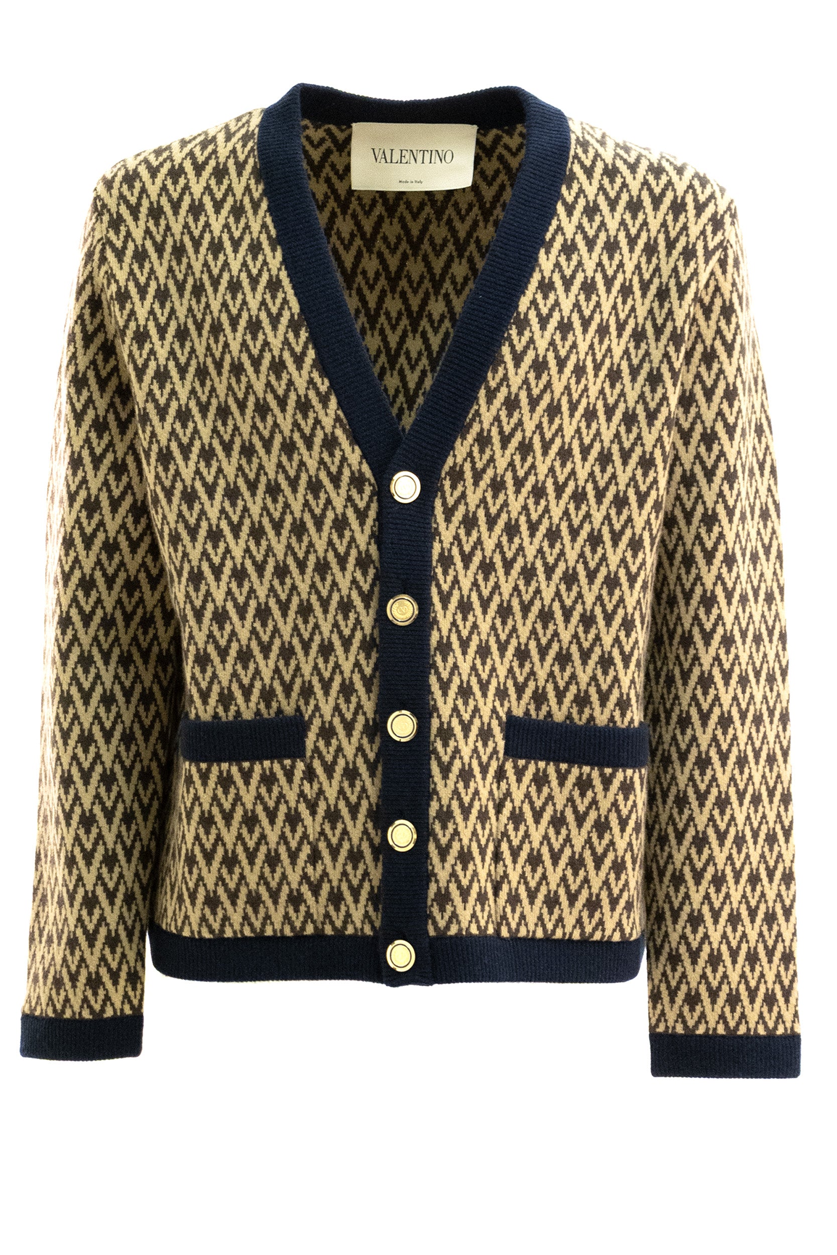 Valentino Garavani Cardigan in lana con motivo Toute La V di colore beige