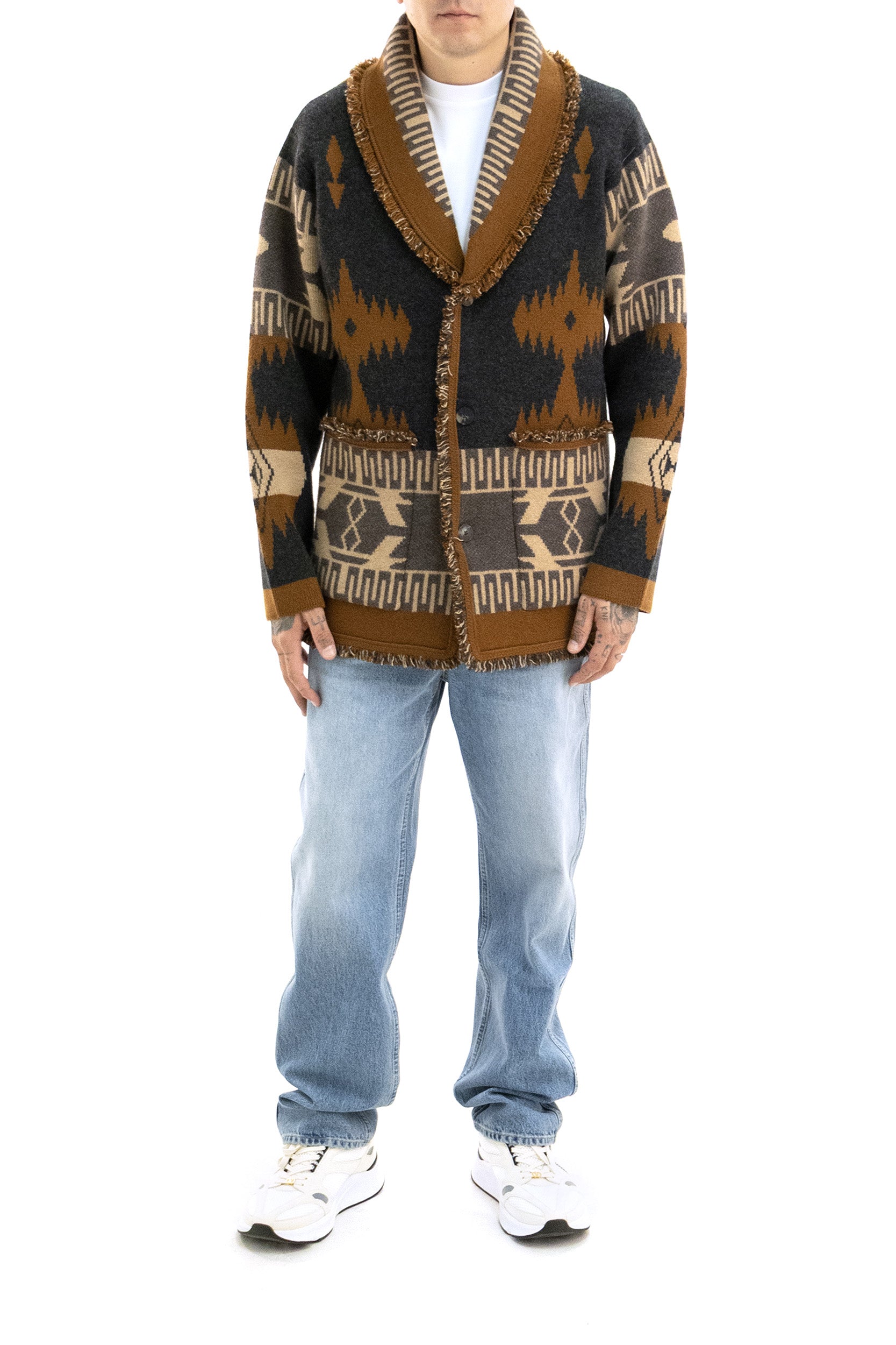 ALANUI Cardigan Icon in jacquard di cashmere di colore grigio e tabacco, view 2