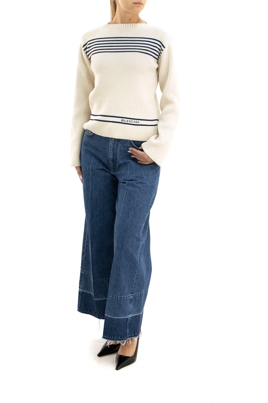 Balenciaga Pullover in cotone a coste di colore bianco e blu, view 2