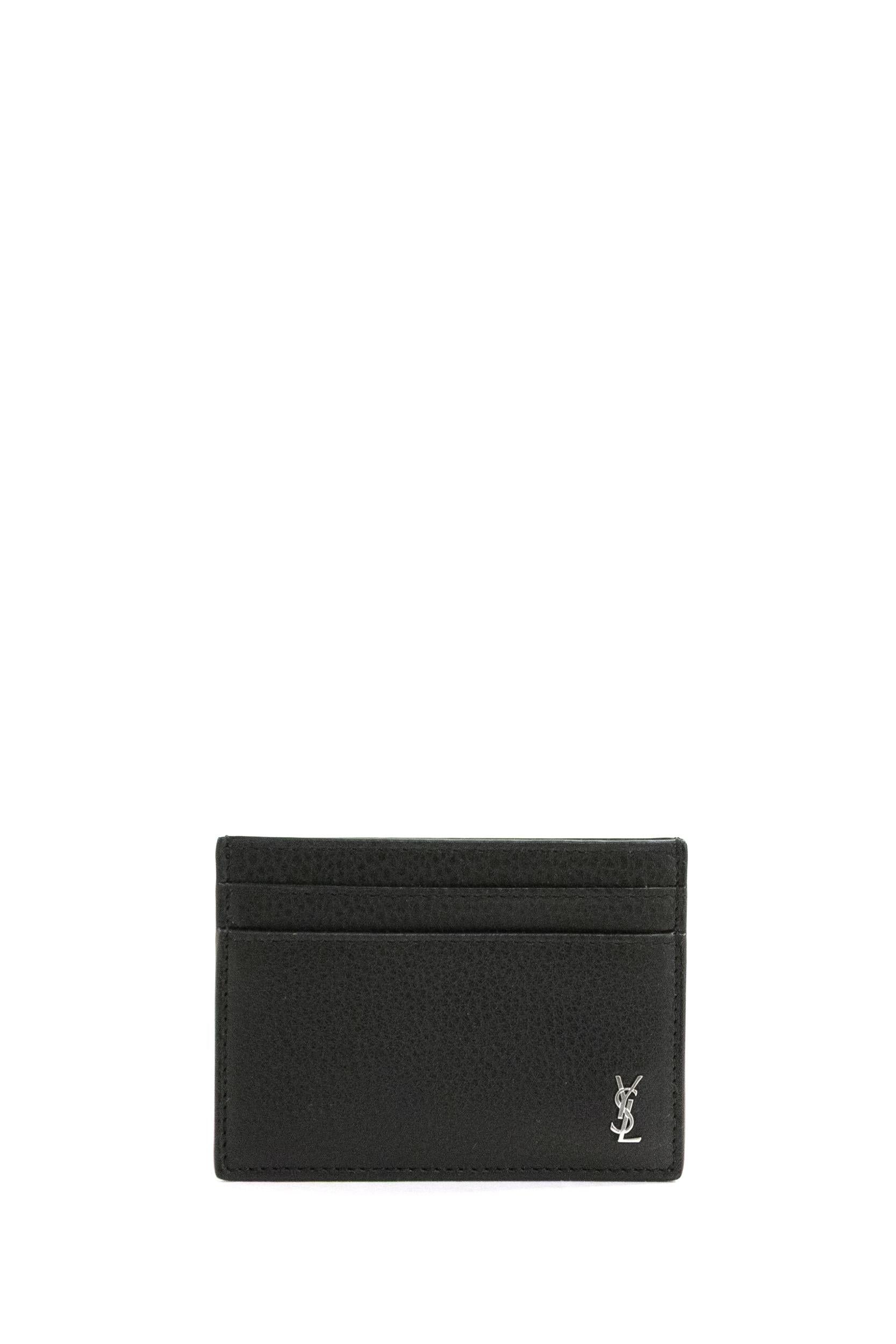 Saint Laurent Porta carte Tiny in pelle martellata di colore nero