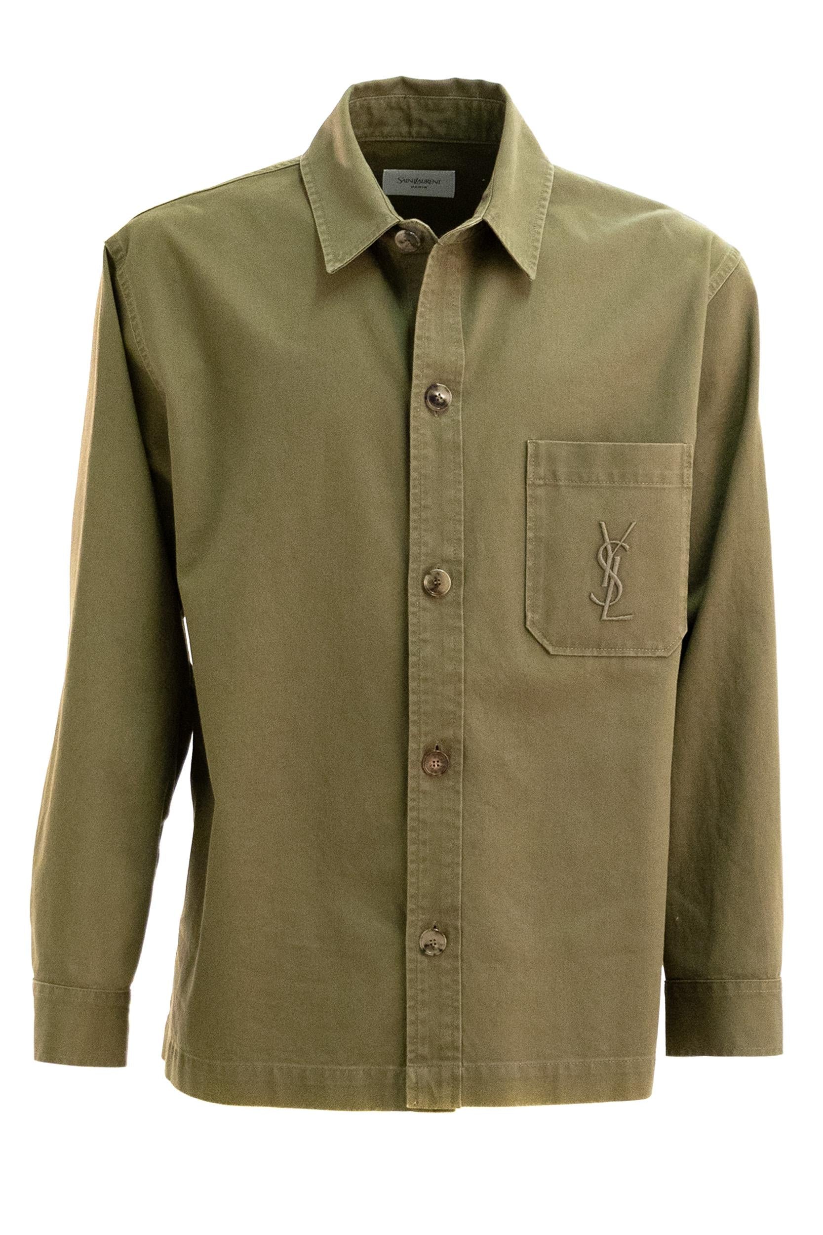Saint Laurent Giacca-camicia in gabardine color verde kaki
