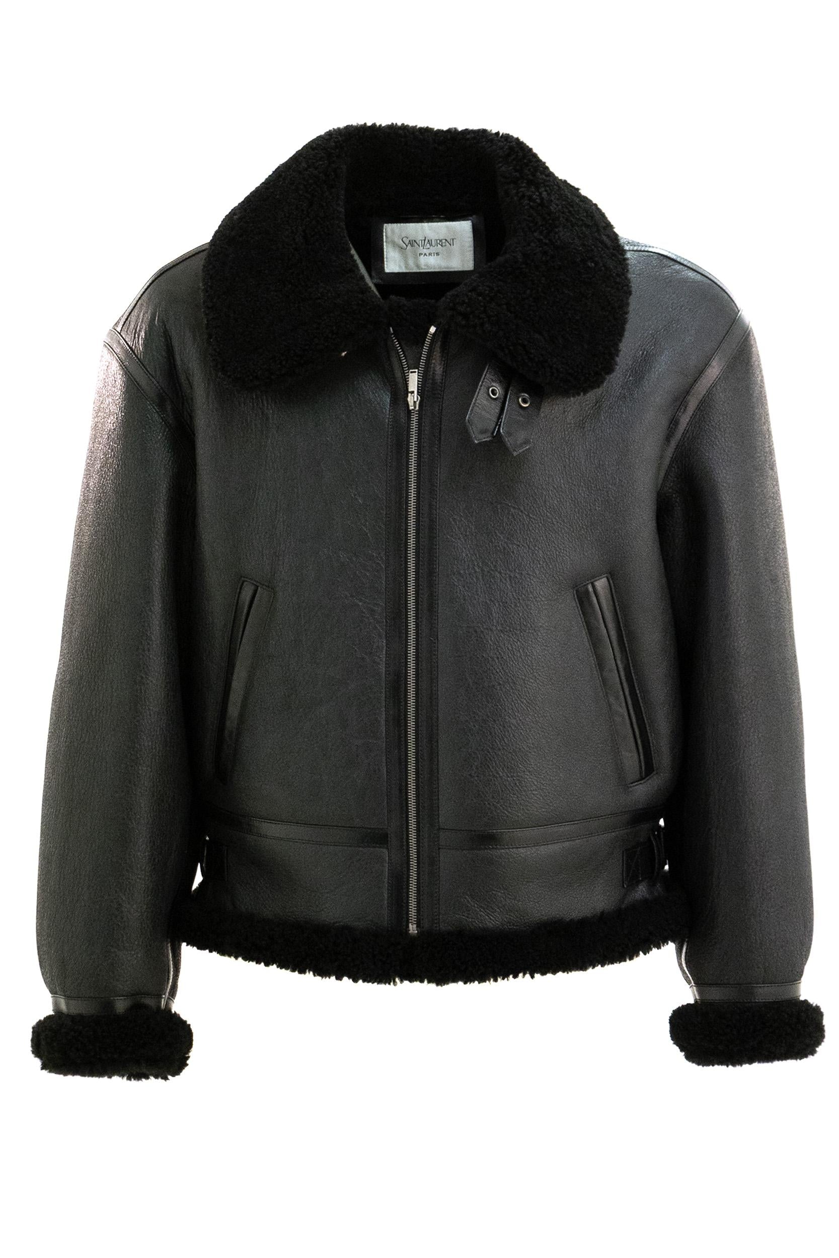Saint Laurent Giacca in pelle martellata e shearling di colore nero