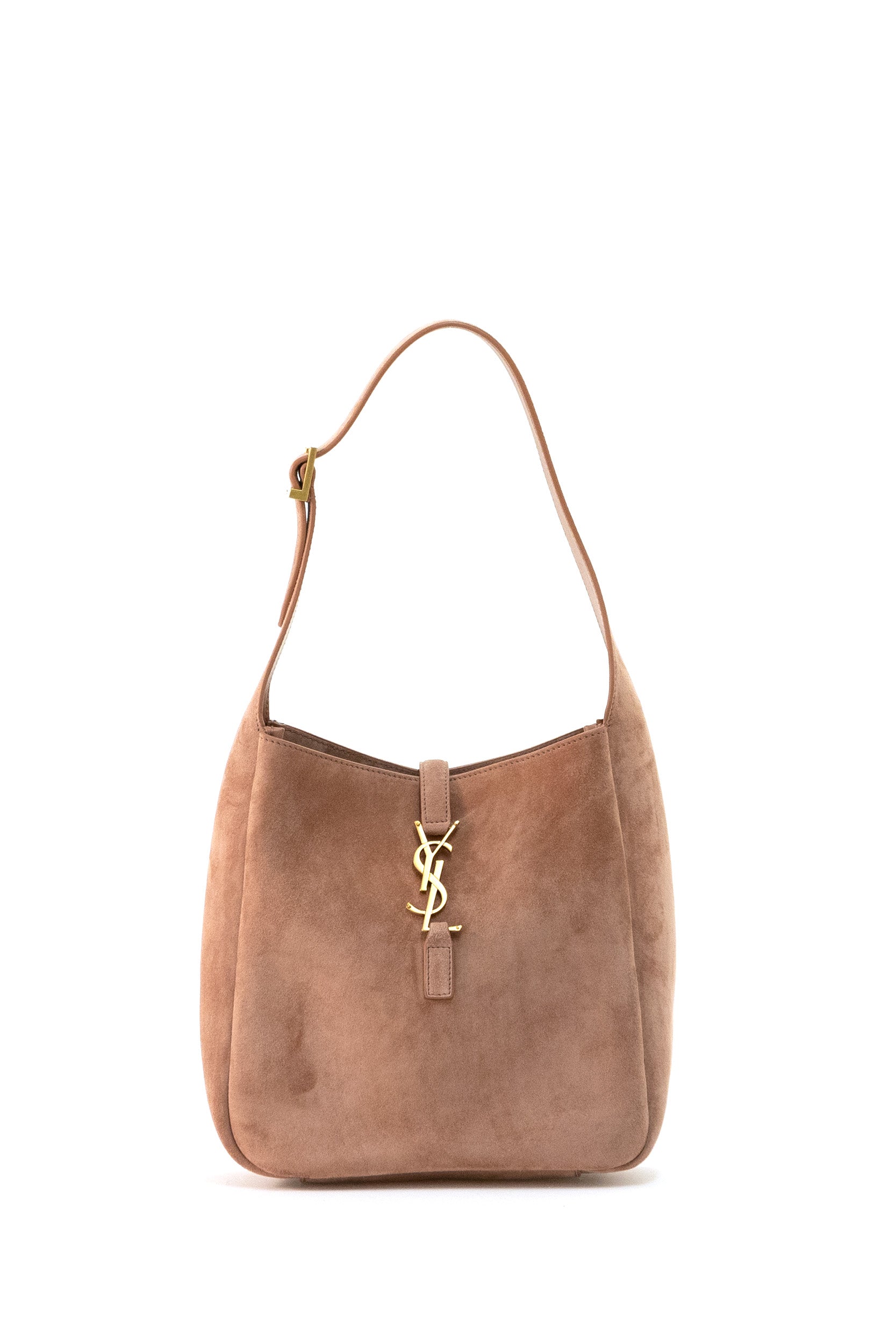 Saint Laurent Borsa Le 5 à 7 Piccola in suede color rosa polvere