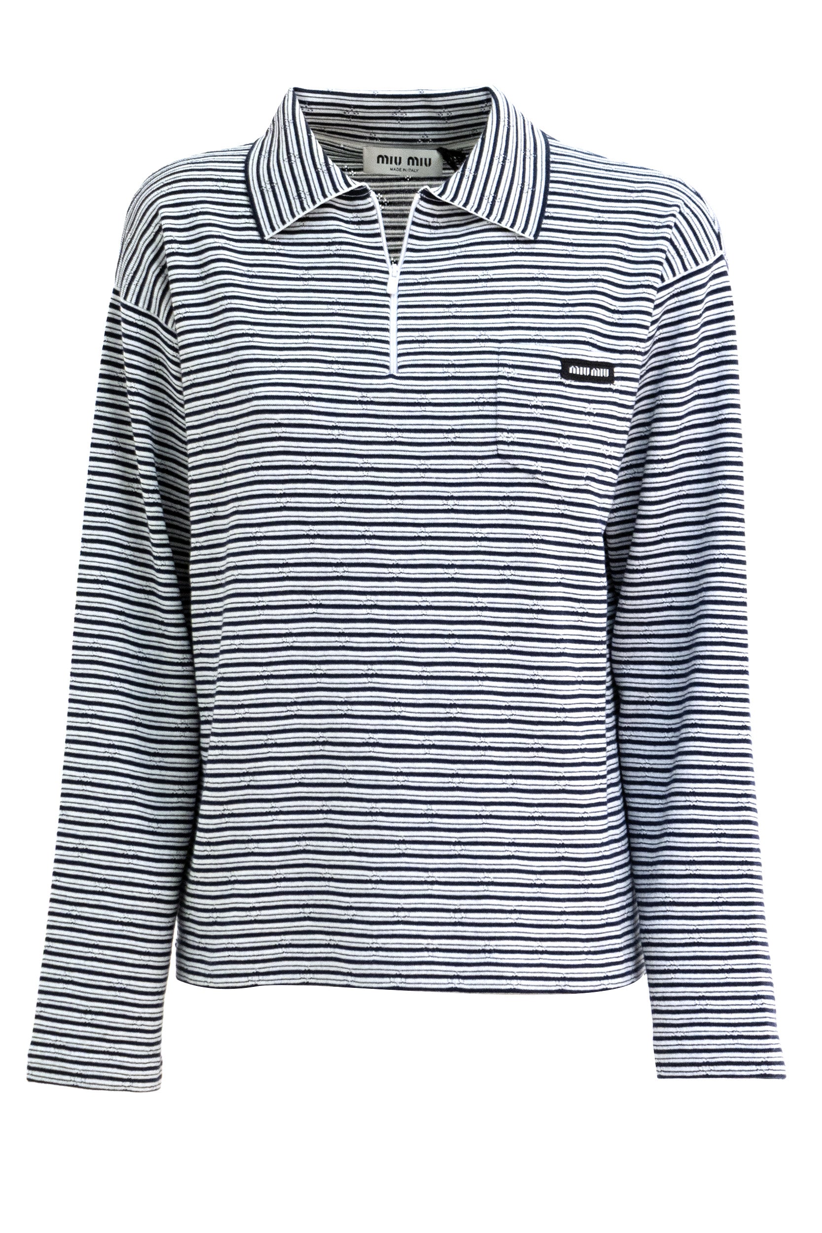 Miu Miu Polo a righe in cotone cashmere e seta di colore bianco e blu