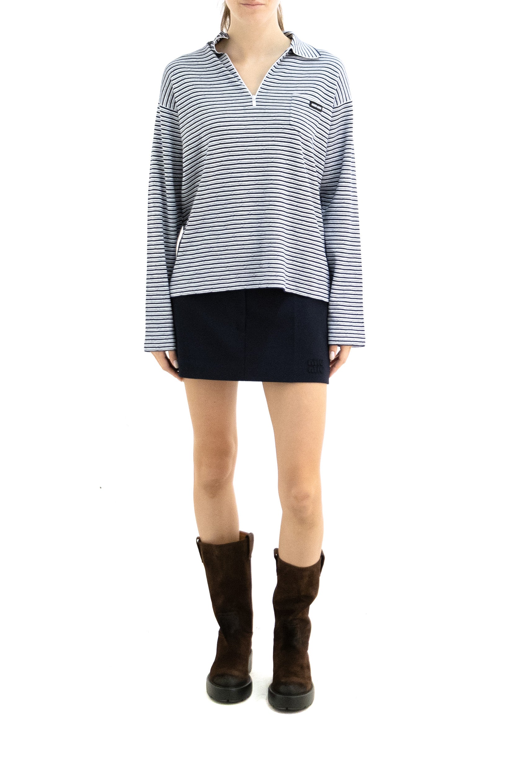 Miu Miu Polo a righe in cotone cashmere e seta di colore bianco e blu, view 2