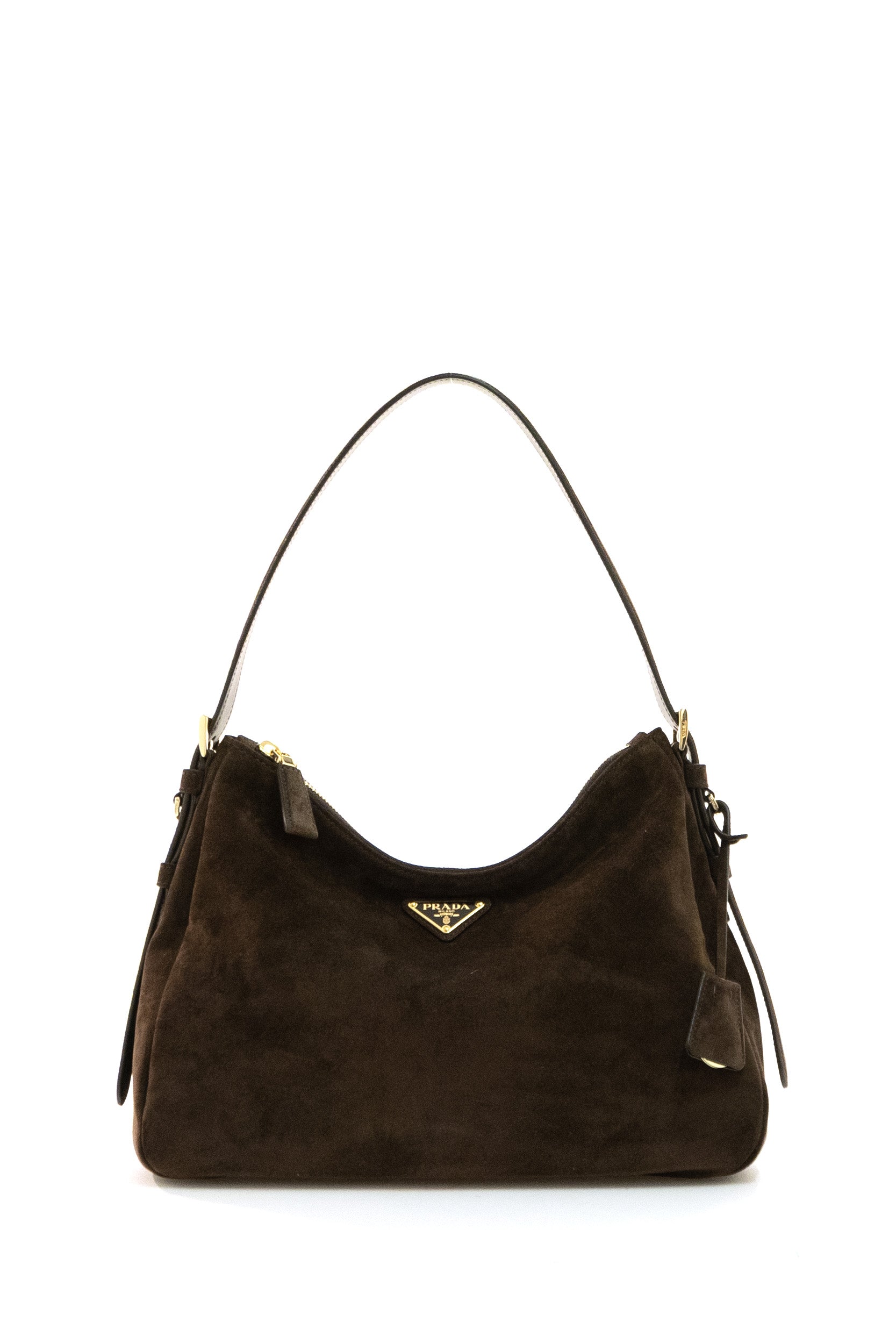 Prada Borsa a spalla in suede di colore marrone