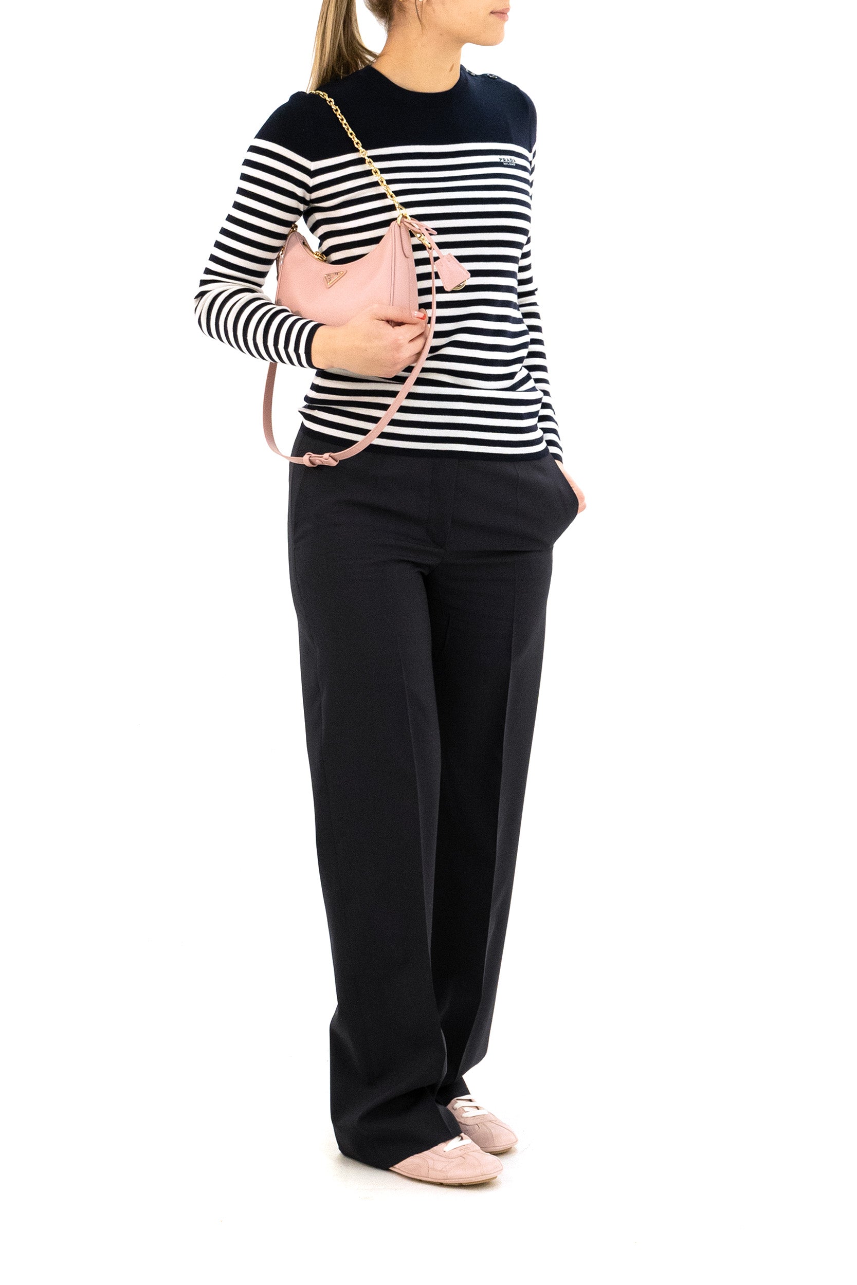 Prada Pullover in lana a righe di colore blu e bianco, view 2