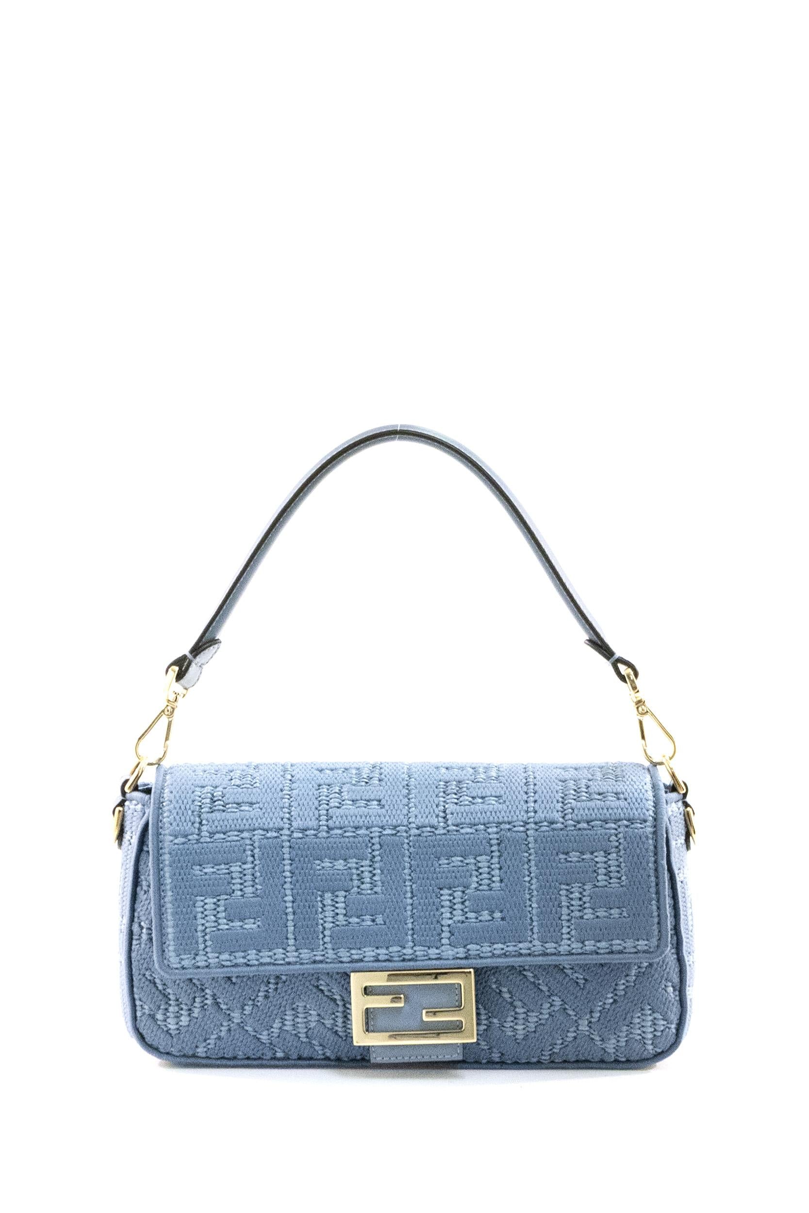 Fendi Baguette in rafia intrecciata con ricamo FF di colore blu