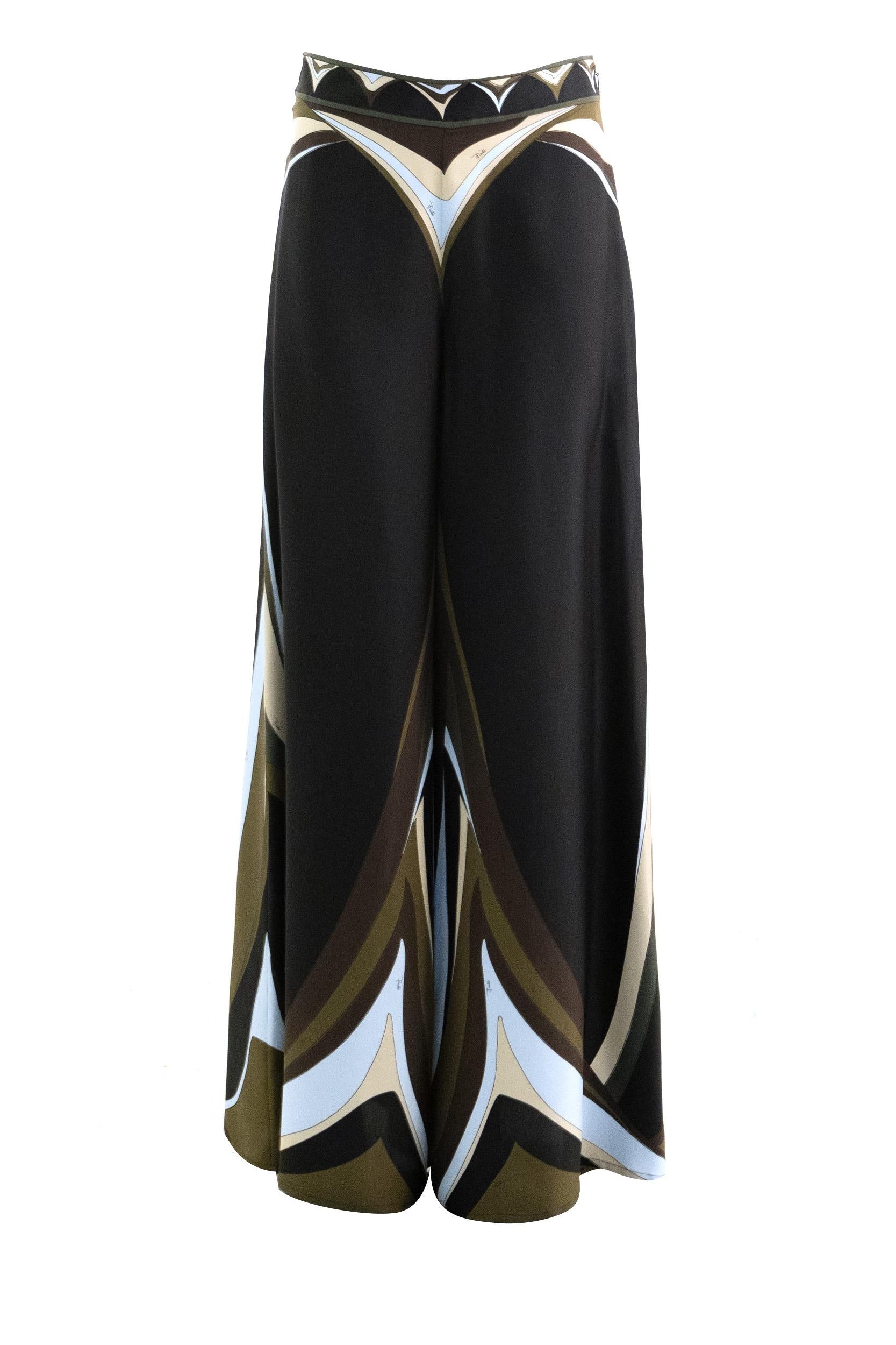 EMILIO PUCCI Pantaloni in seta con stampa Fari di colore kaki, blu e nero
