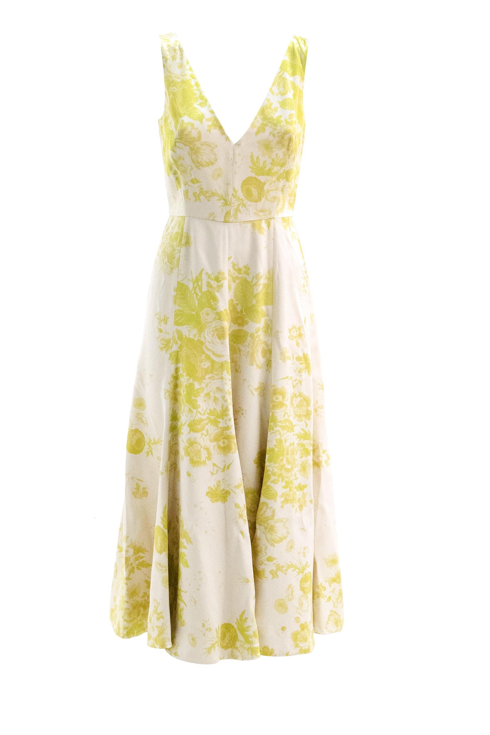 ERDEM Abito in duchesse color avorio con stampa floreale di colore verde e giallo