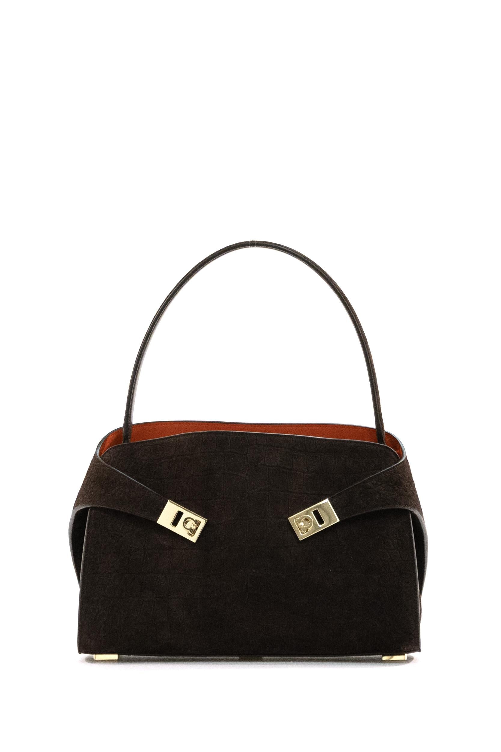 Ferragamo Borsa Hug in suede stampa cocco di colore marrone