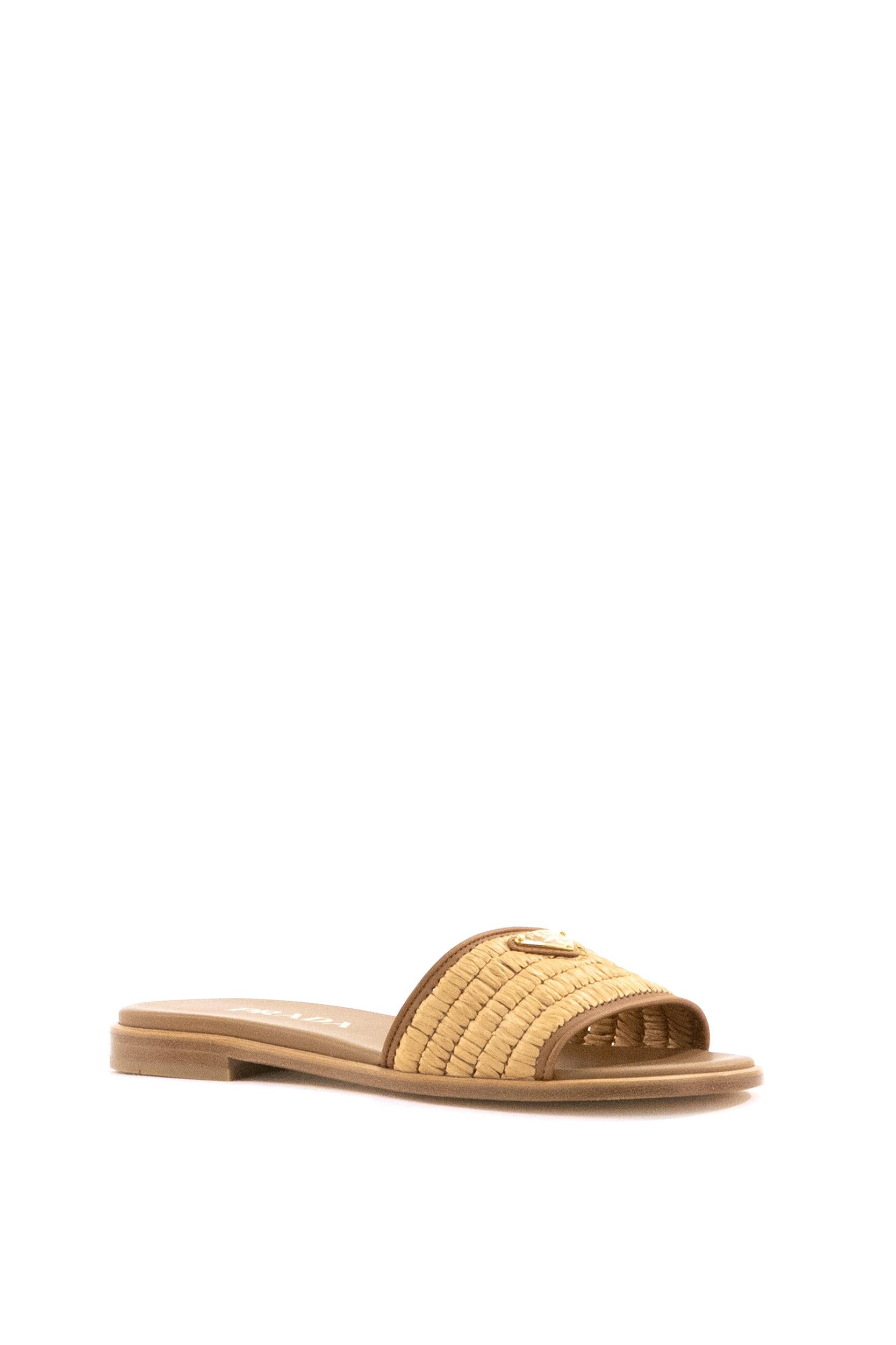 Prada Sandali slider in pelle di colore marrone e crochet di colore beige, view 2
