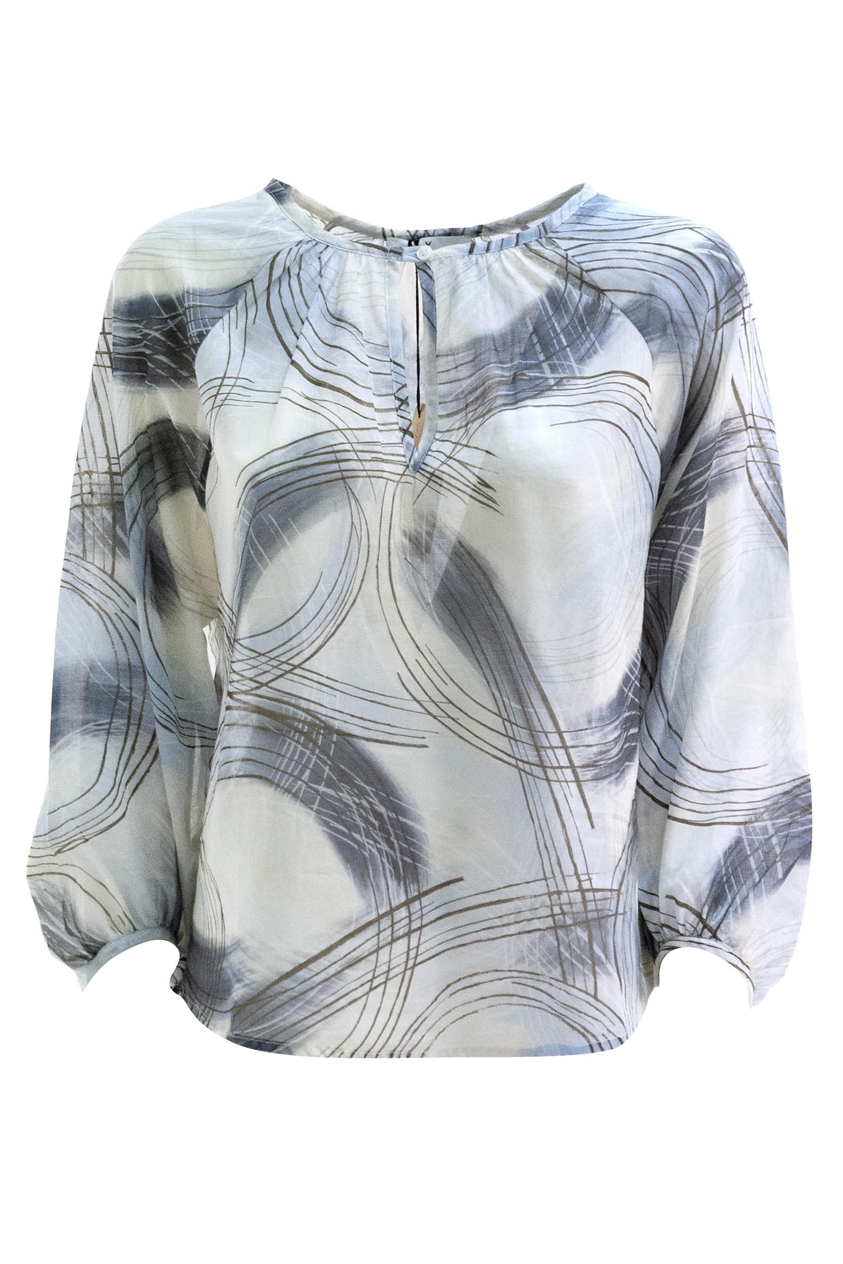 WHY CI Blusa in cotone con motivo astratto di colore azzurro