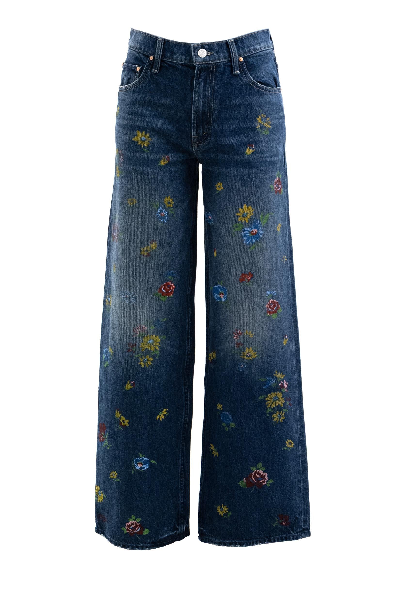 MOTHER Jeans in denim di cotone di colore blu con stampa fiori multicolore