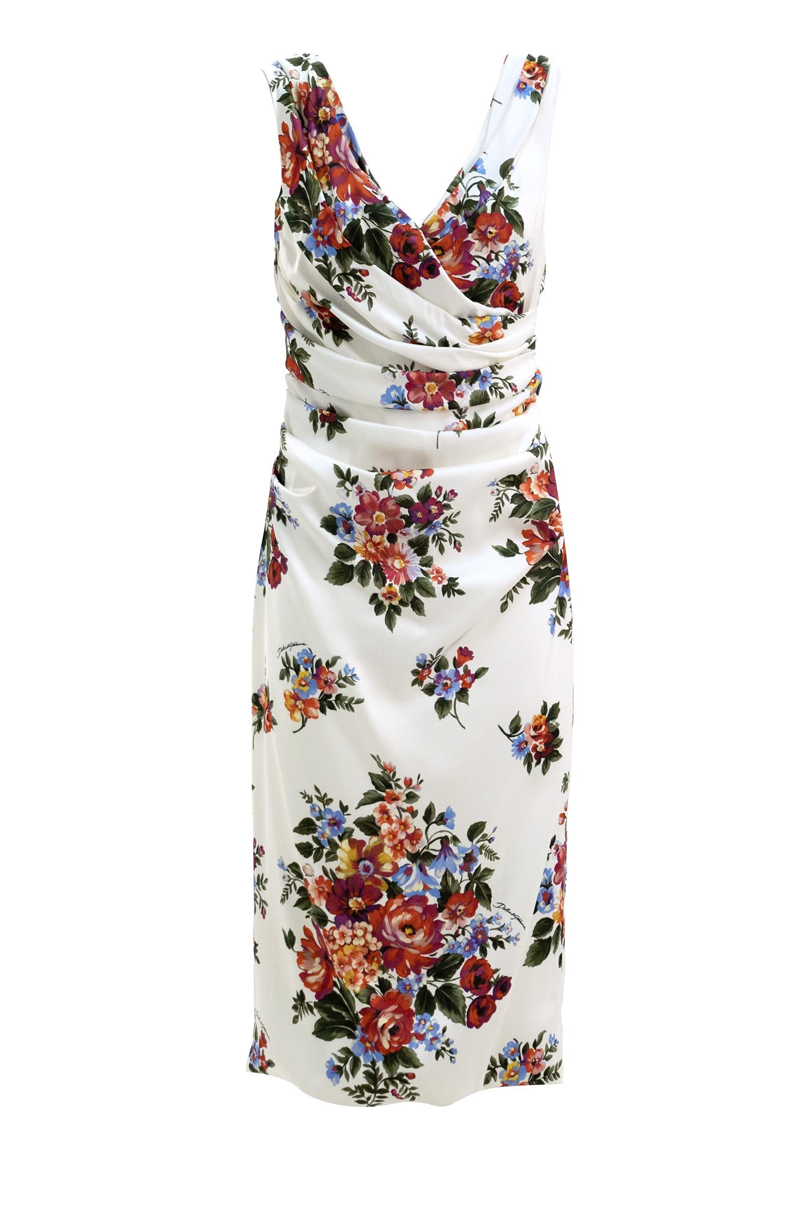 Dolce & Gabbana Abito in Raso con Stampa Mazzo di Fiori