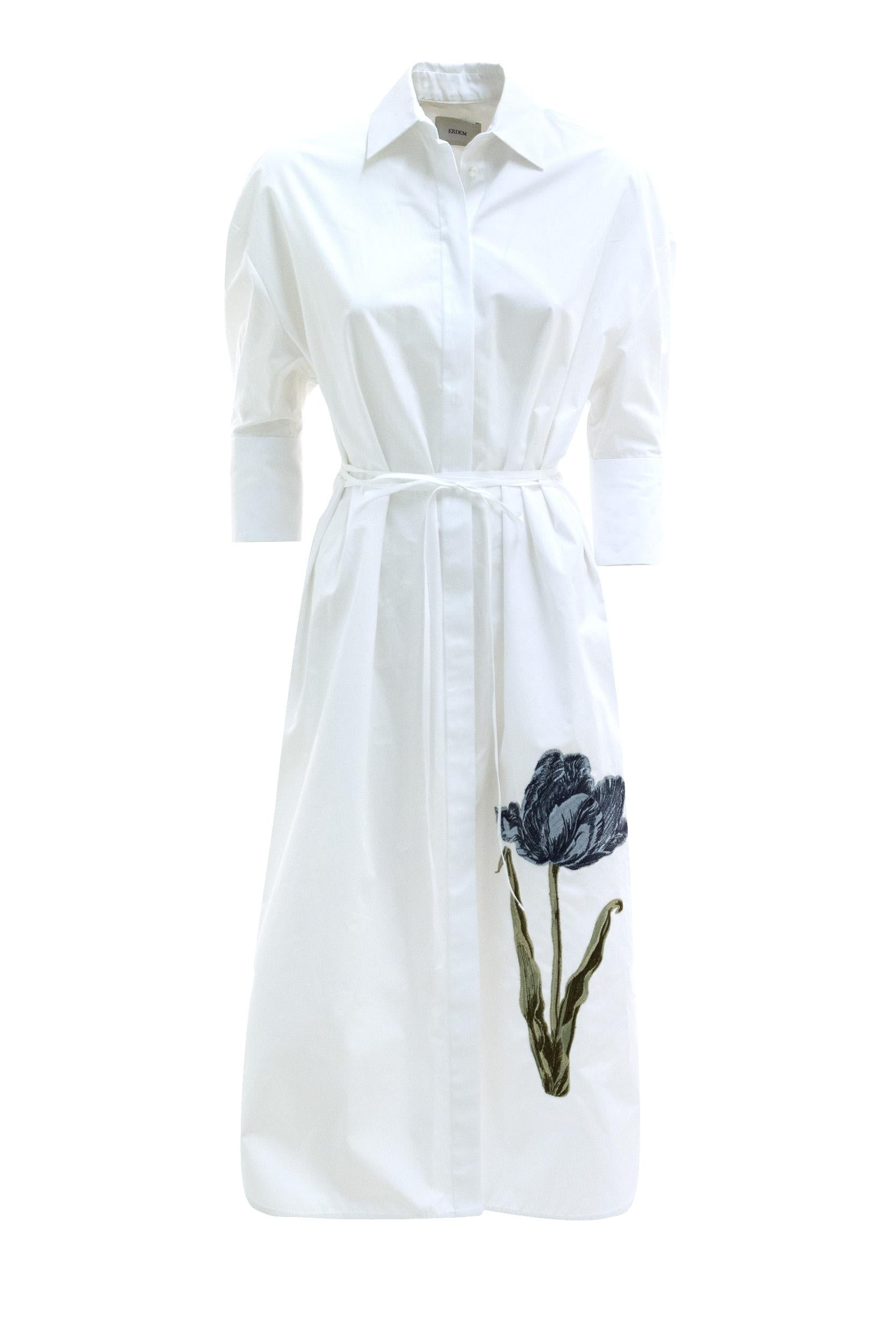 ERDEM Abito chemisier in cotone di colore bianco con stampa floreale a contrasto