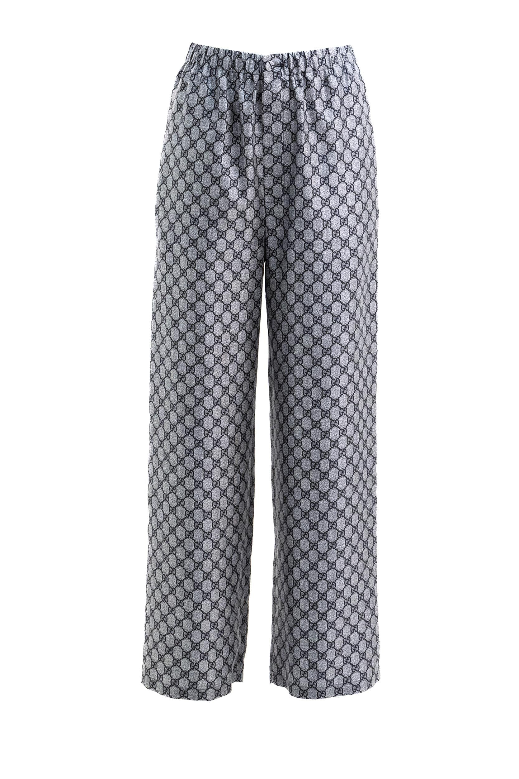 Gucci Pantaloni in twill di seta blu e bianco con stampa GG