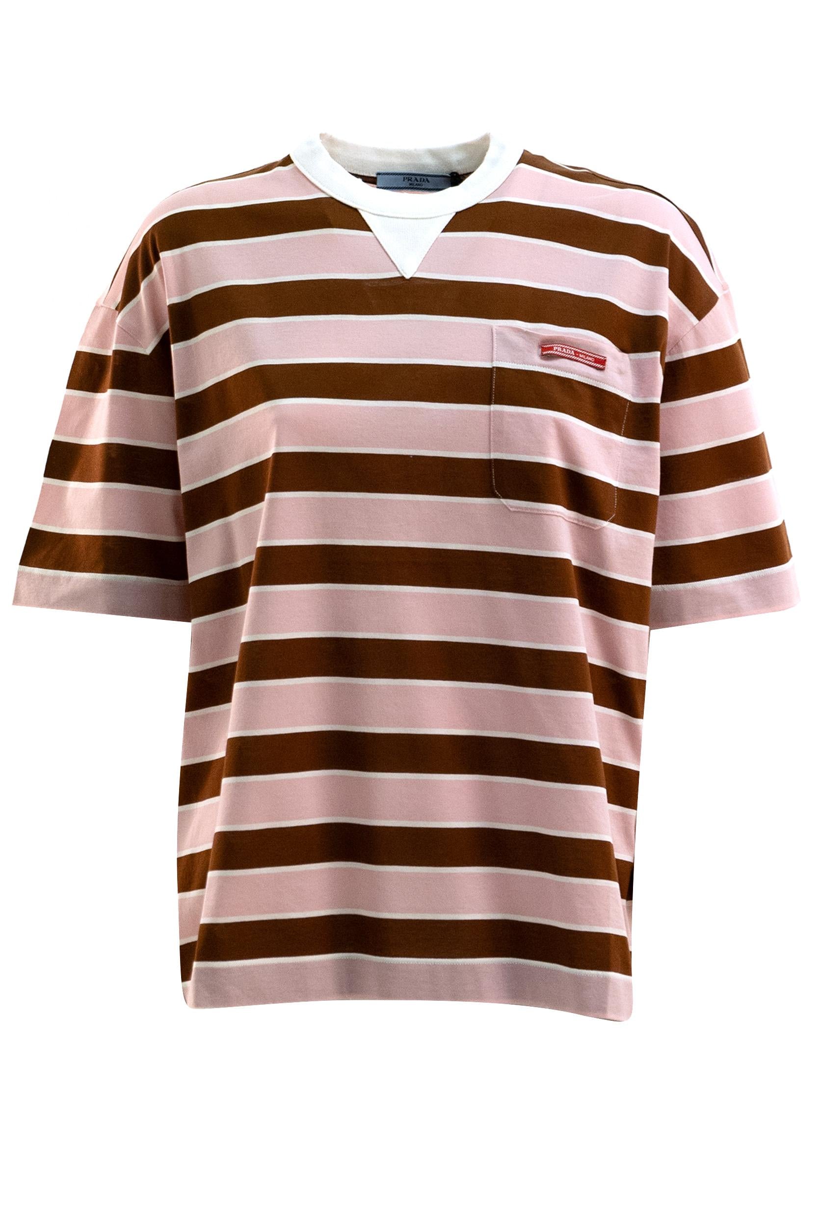 Prada T-shirt in filo scozia a righe color rosa e marrone