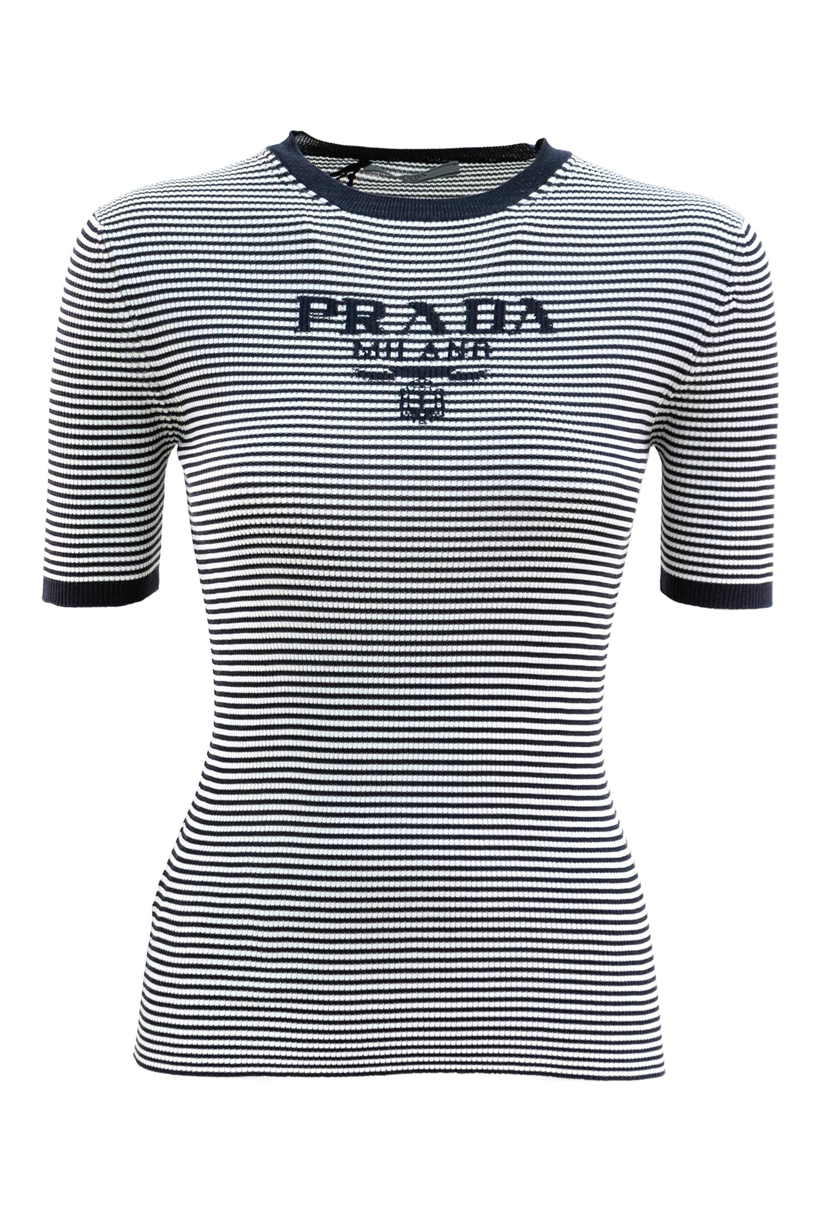 Prada Pullover in maglia di seta a righe di colore blu e bianco