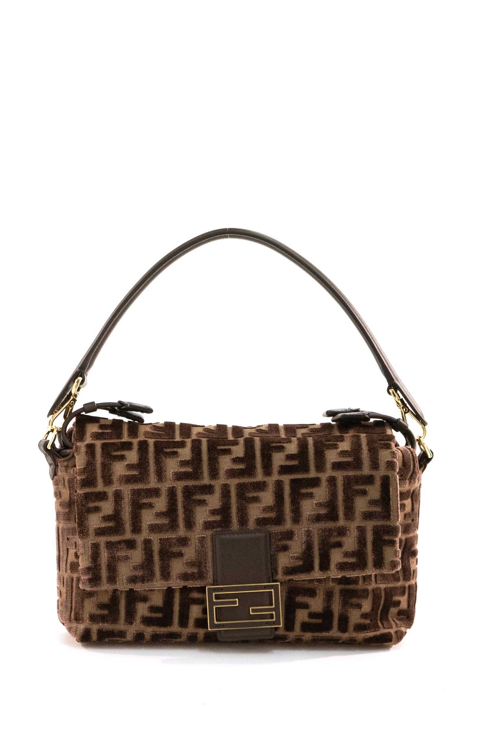 Fendi Mamma Baguette  in velluto FF jacquard color beige e marrone