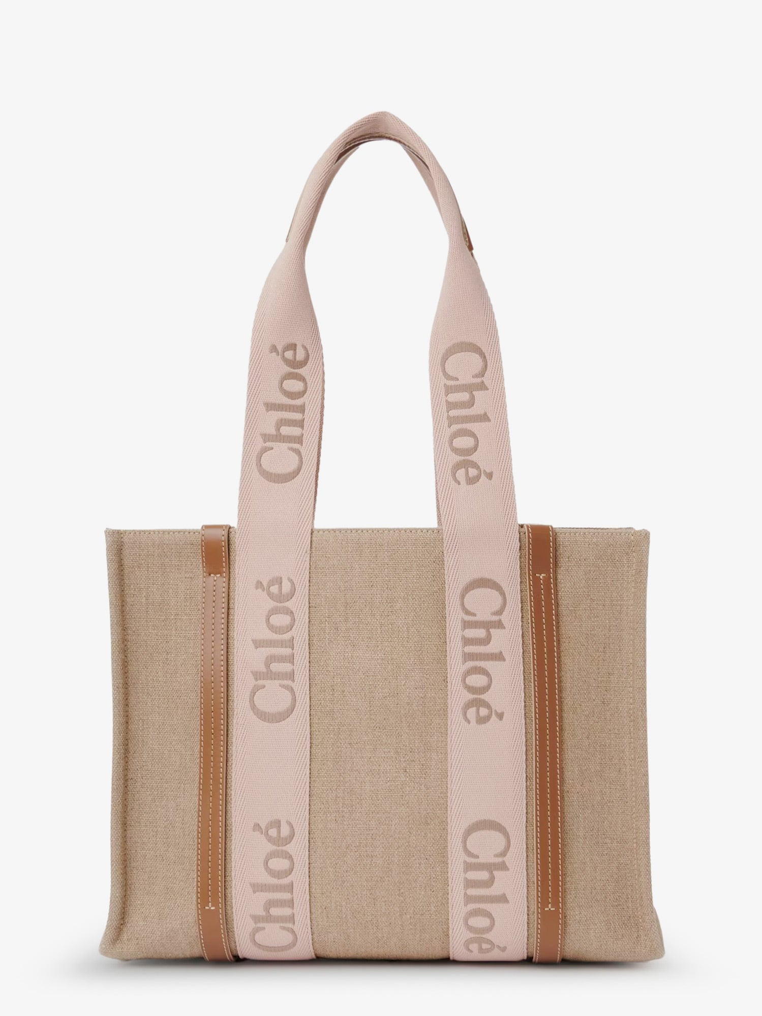Chloé Woody linen shoulder bag with front embroidered logo, view 2