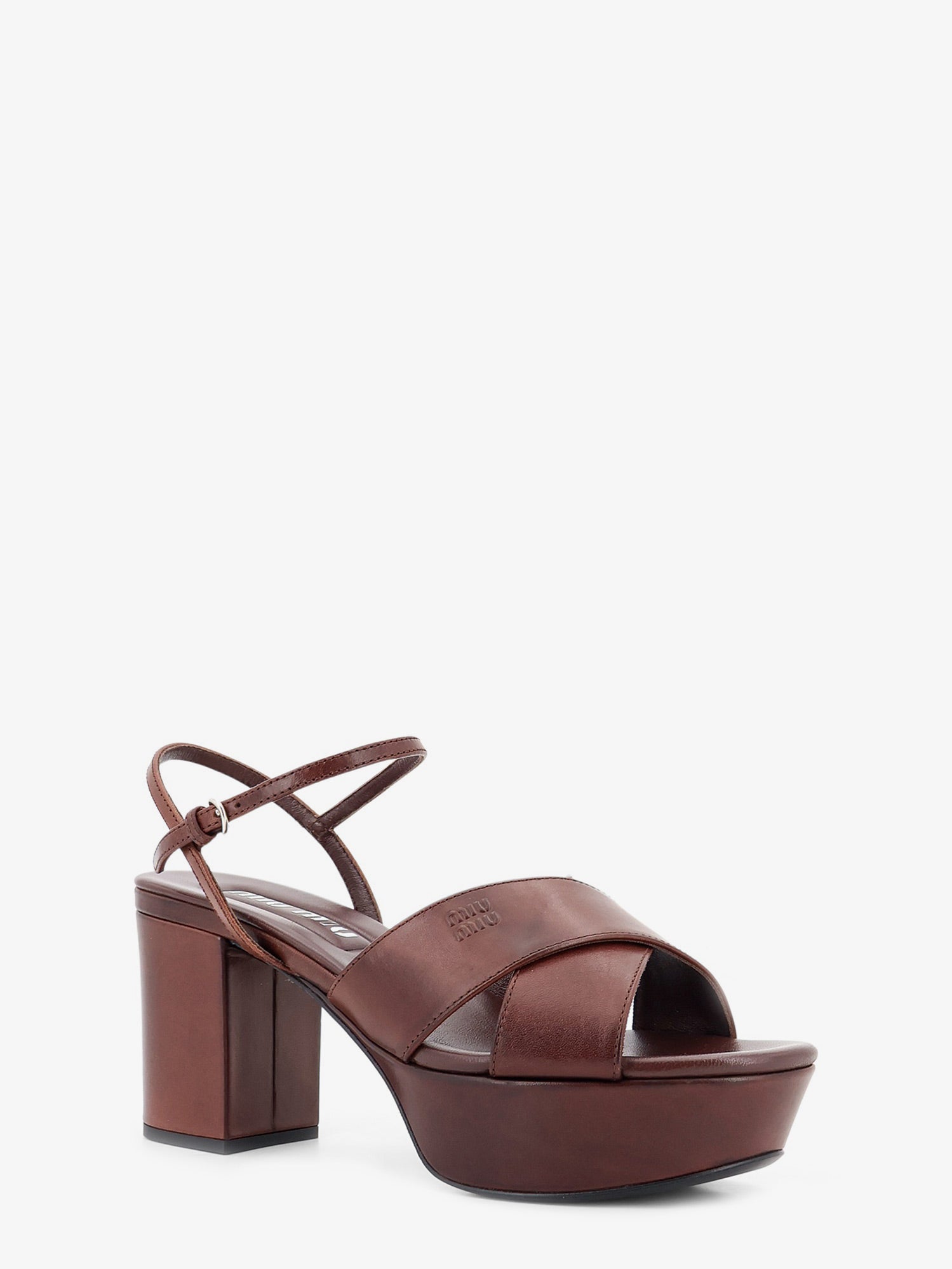 Miu Miu Leather heeled sandals with engraved logo on the side, view 2