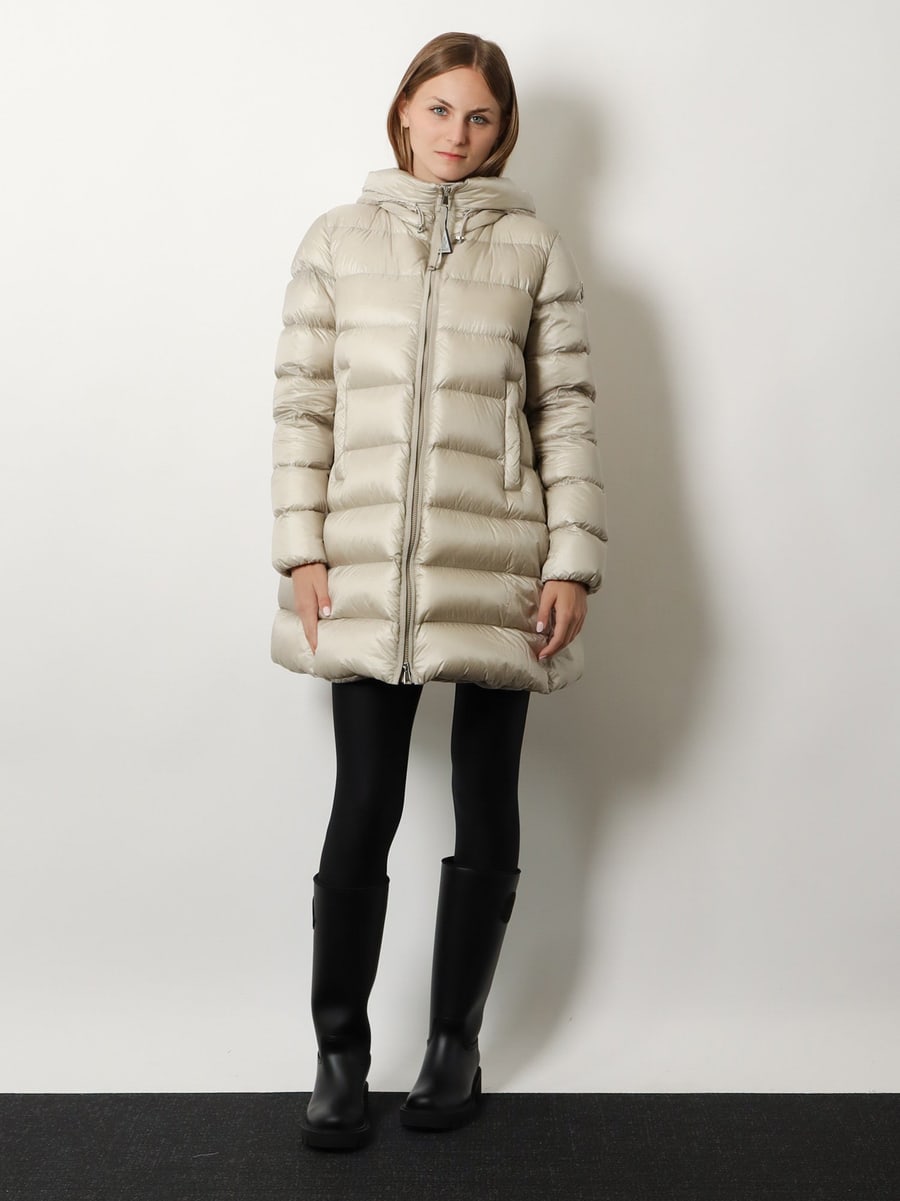 Moncler Suyenne hooded long down jacket, view 2