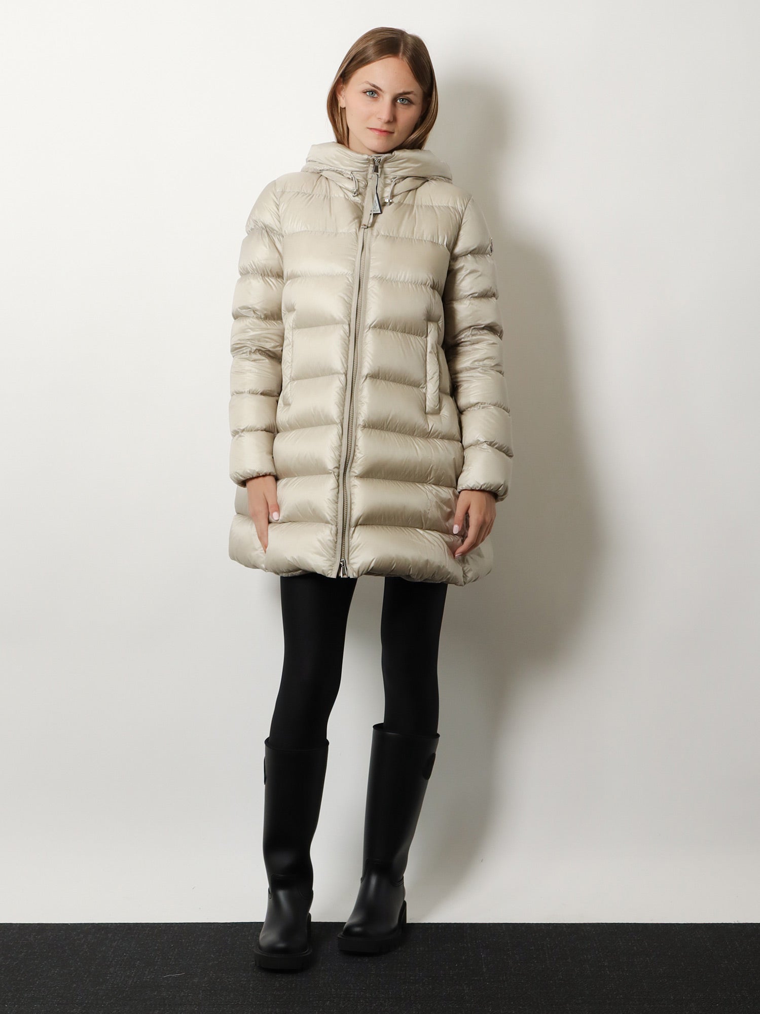 Moncler Suyenne hooded long down jacket, view 2