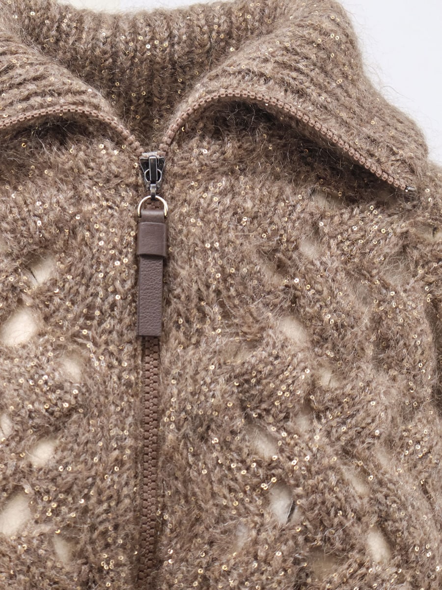 Brunello Cucinelli Perforated cardigan with micro-sequins, view 3