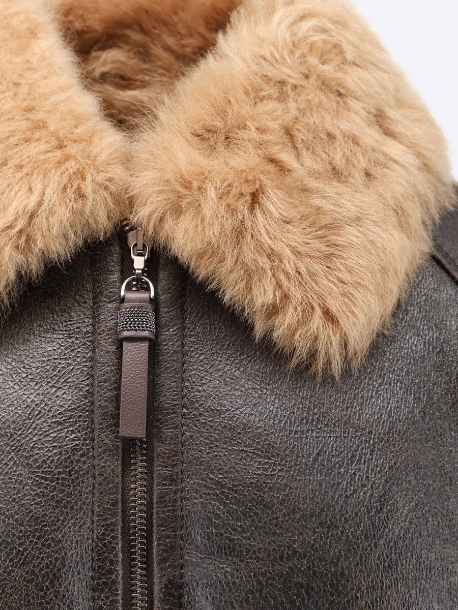 Brunello Cucinelli Leather jacket with shearling collar, view 3