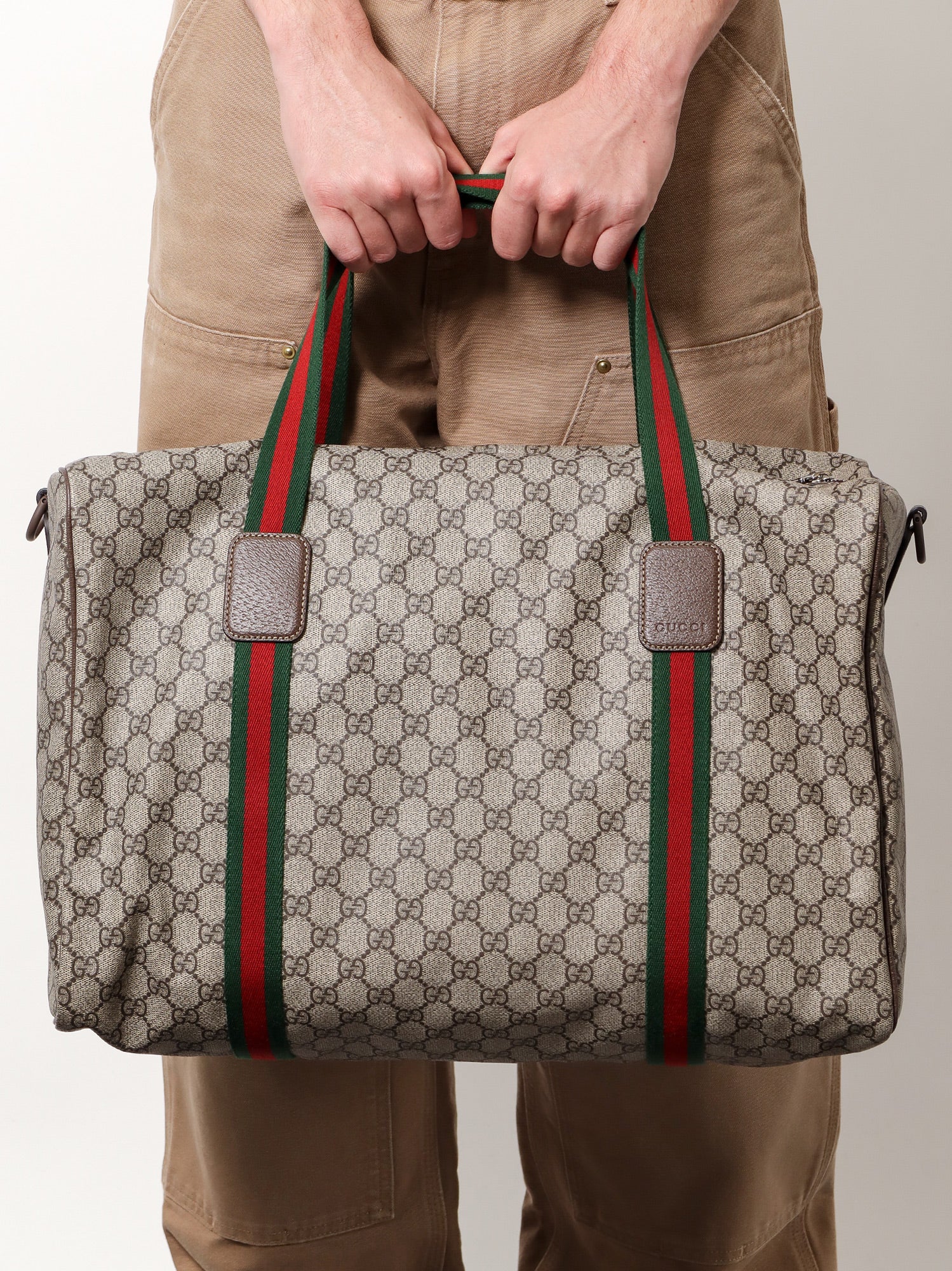 Gucci GG Supreme Fabric and leather travel bag with Web detail, view 2