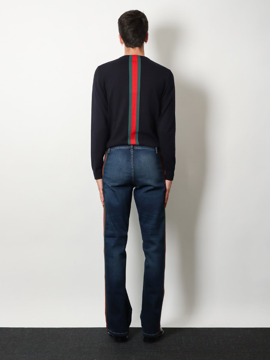 Gucci Blue denim jeans with Nastro Web profiles, view 3