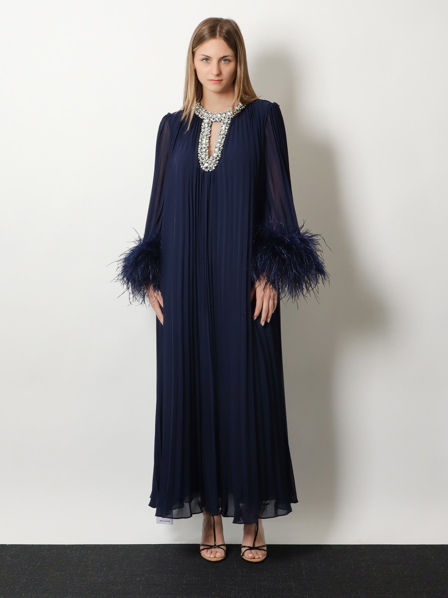 self-portrait Chiffon long dress with ostrich feathers, view 2