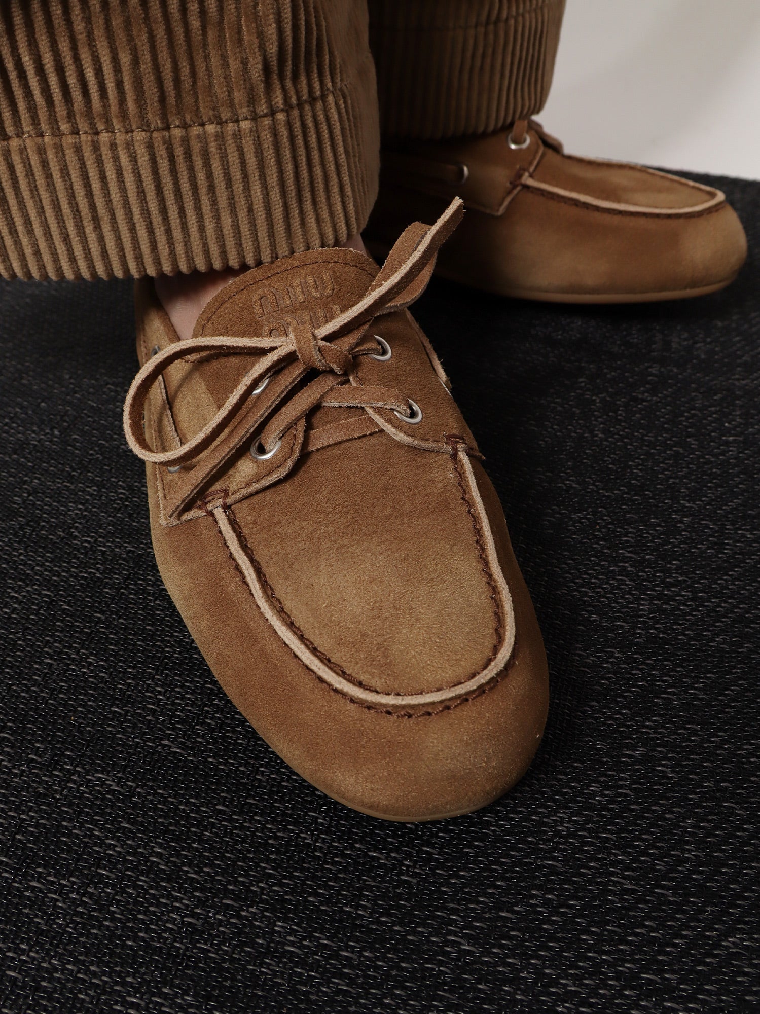Miu Miu Suede loafers with embroidered logo, view 2