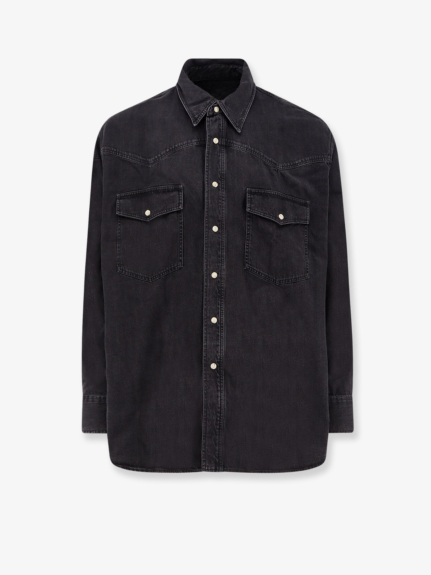 STUDIO NICHOLSON Black denim shirt with enamelled buttons