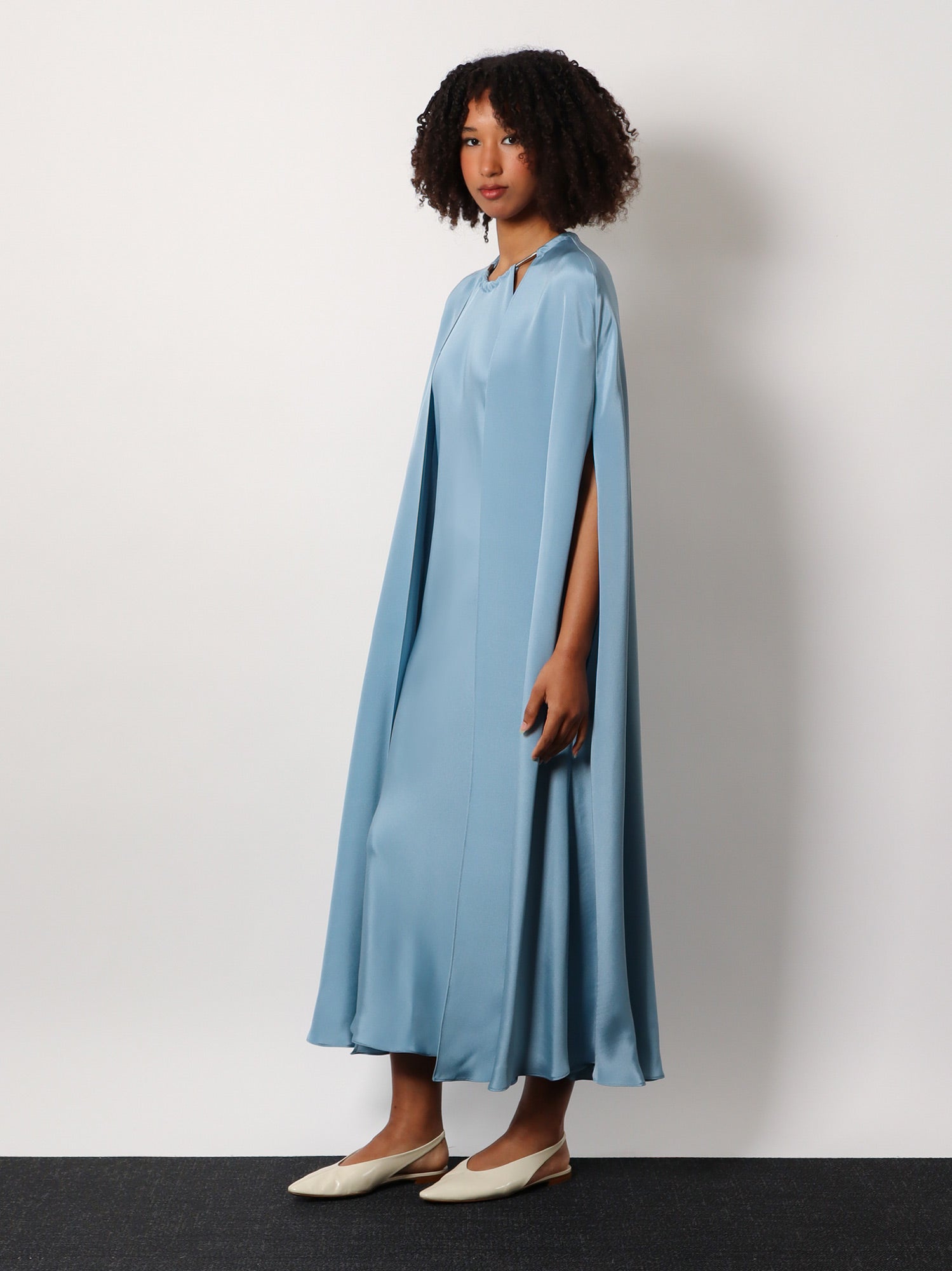 Max Mara Managua silk long dress with silk cape and metal detail, view 2