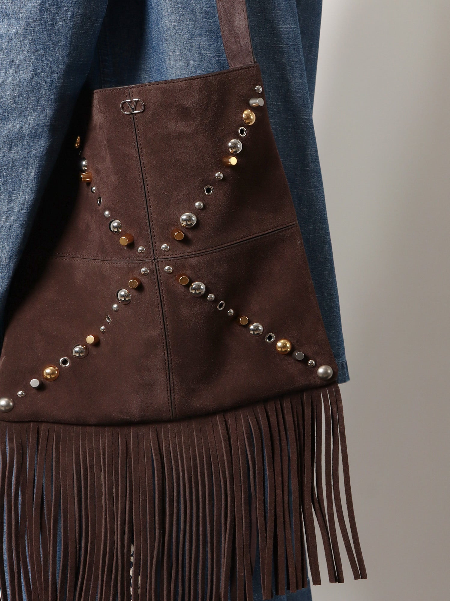 Valentino Garavani Suede shoulder bag with fringes and metal details, view 2