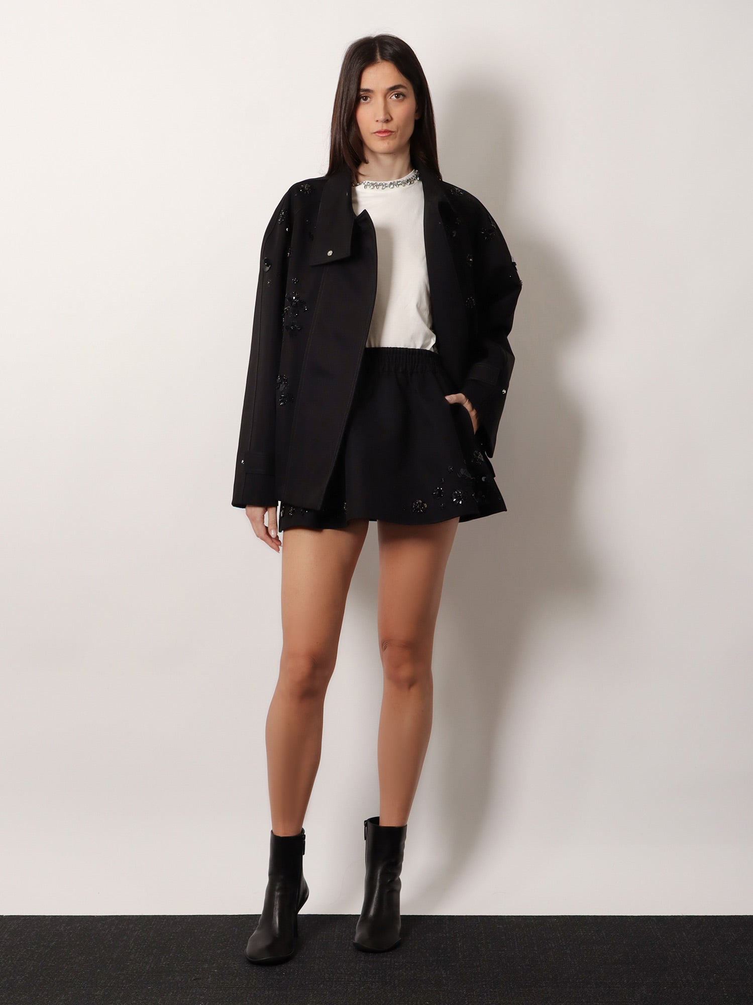 Golden Goose Black denim jacket with floral details in sequins and crystals, view 2