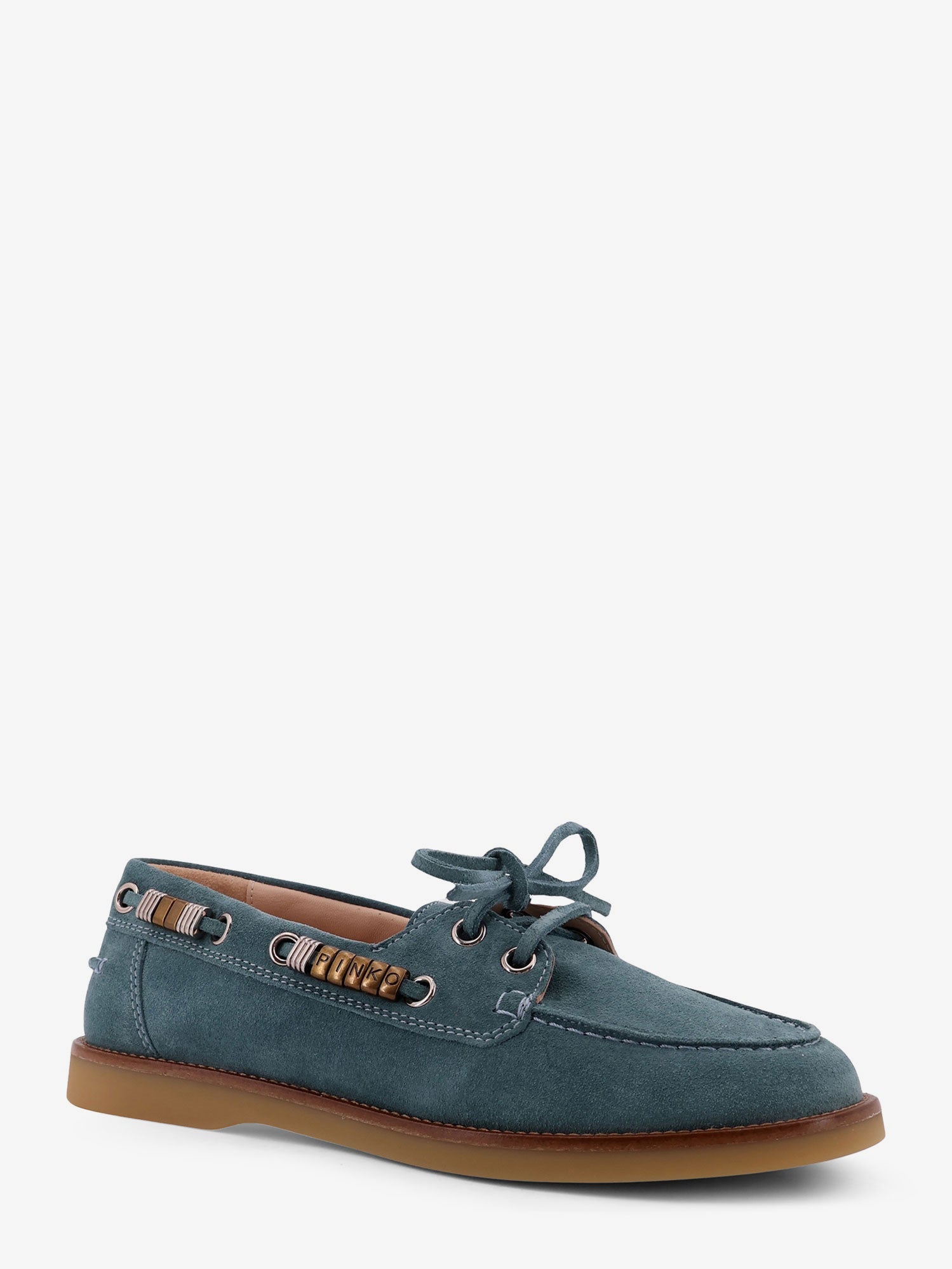 Pinko Grace suede loafers with metal lettering logo, view 2