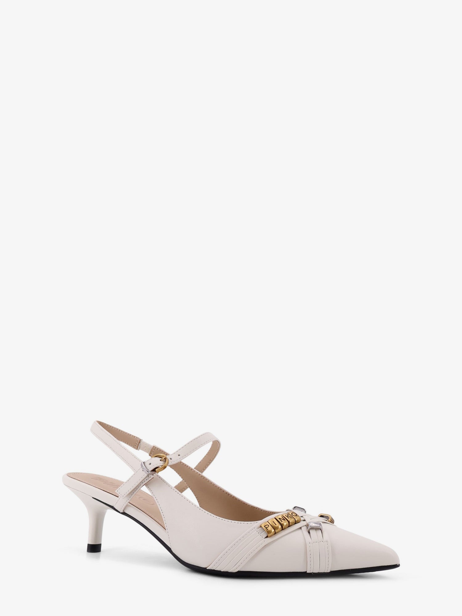 Pinko Gloria 18 leather pump with metal lettering detail, view 2