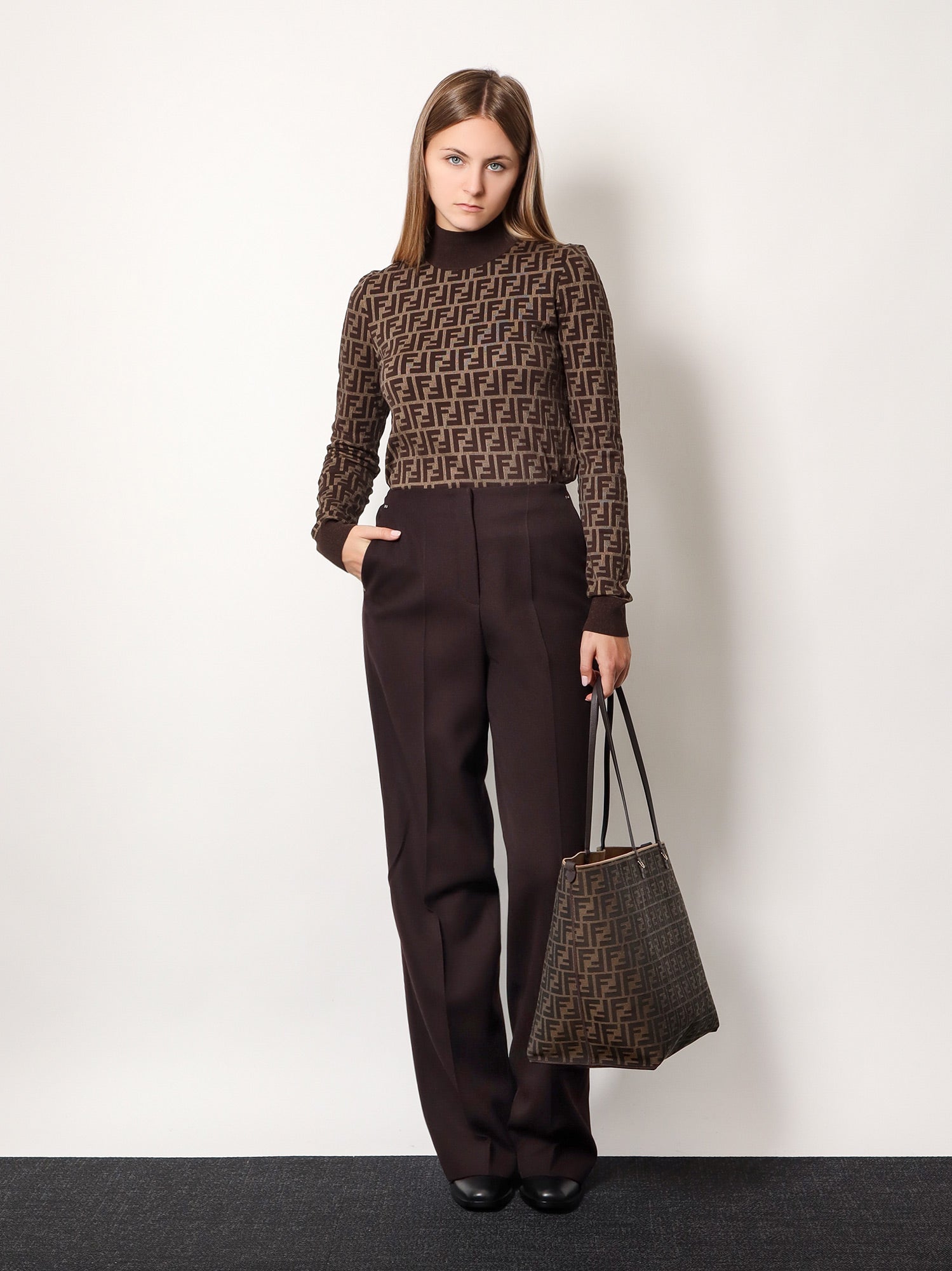 Fendi Virgin wool trousers with metal ff details, view 2