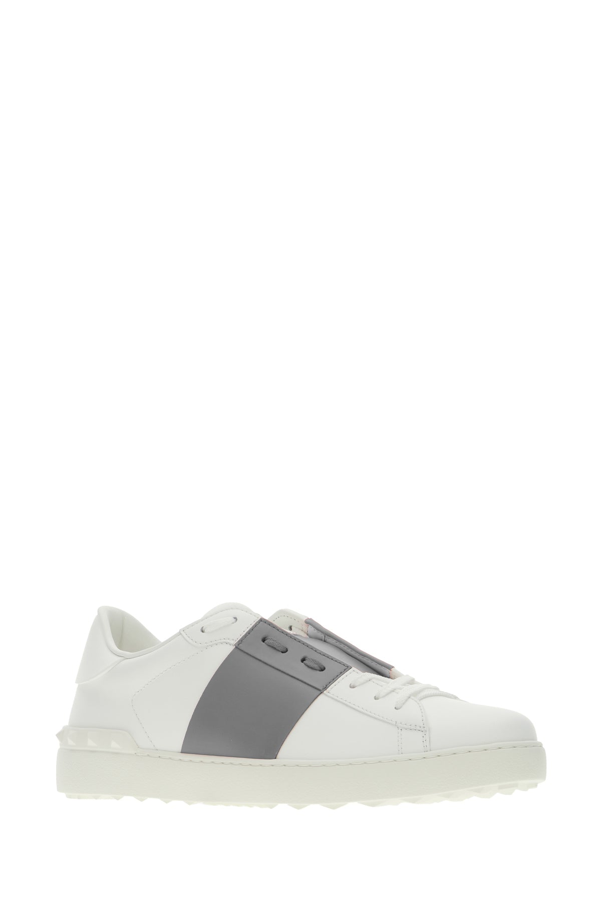 Valentino Garavani Sneakers Open in pelle bianca con banda grigia, view 2