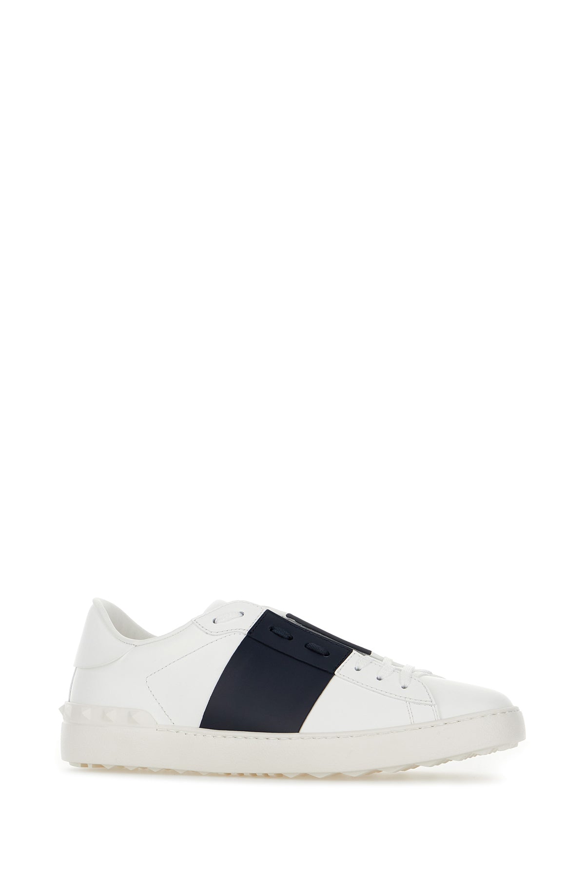 Valentino Garavani Sneakers Open in pelle bianca con banda blu navy, view 2
