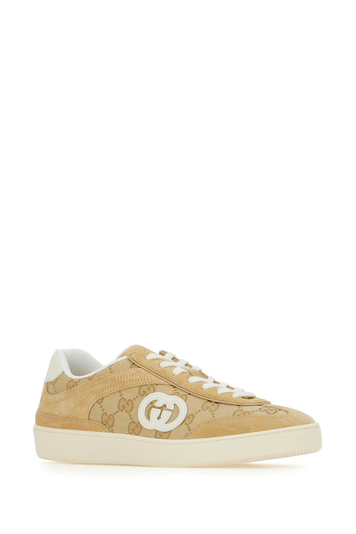 Gucci Sneakers beige in pelle scamosciata e tessuto GG, view 2