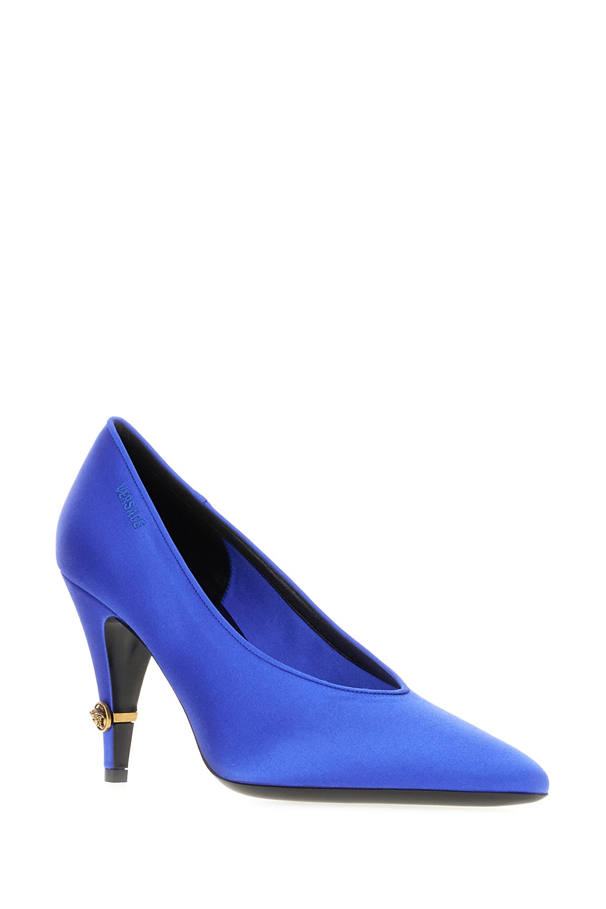 Versace Scarpe con tacco in raso blu elettrico, view 2