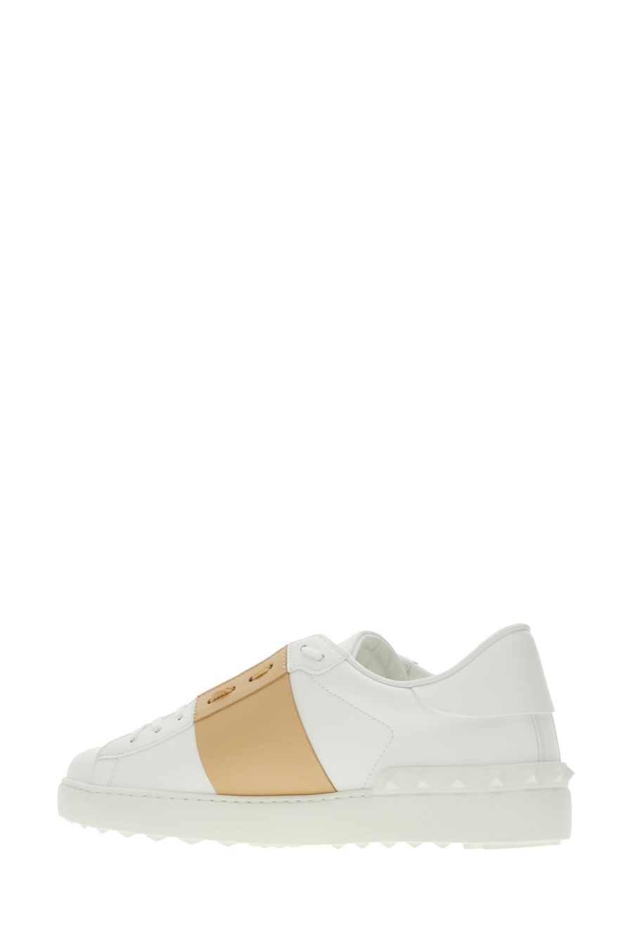 Valentino Garavani Sneakers Open in pelle bianca con banda beige, view 3