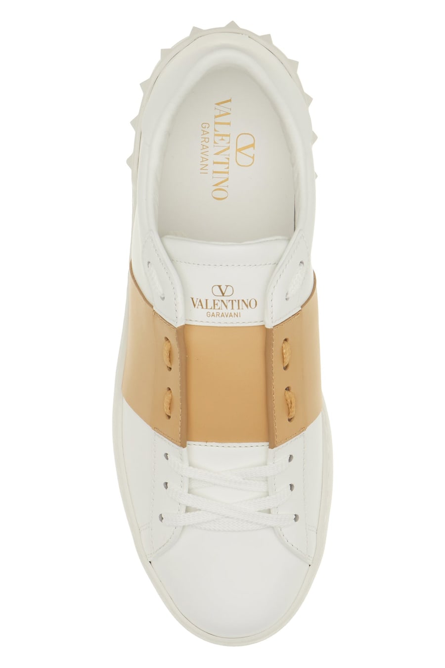 Valentino Garavani Sneakers Open in pelle bianca con banda beige, view 4